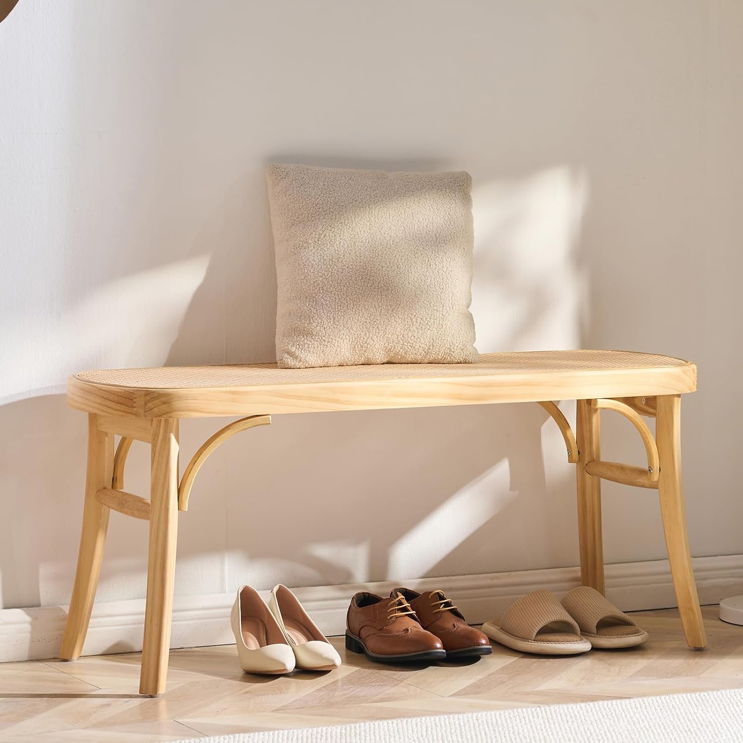 image:imageVEVOR 433 Wooden Rattan Bench Entryway Bench with Oak Wood Legs Bedroom End of Bed Boho Bench with Hand Woven Rattan for Living Room Kitchen