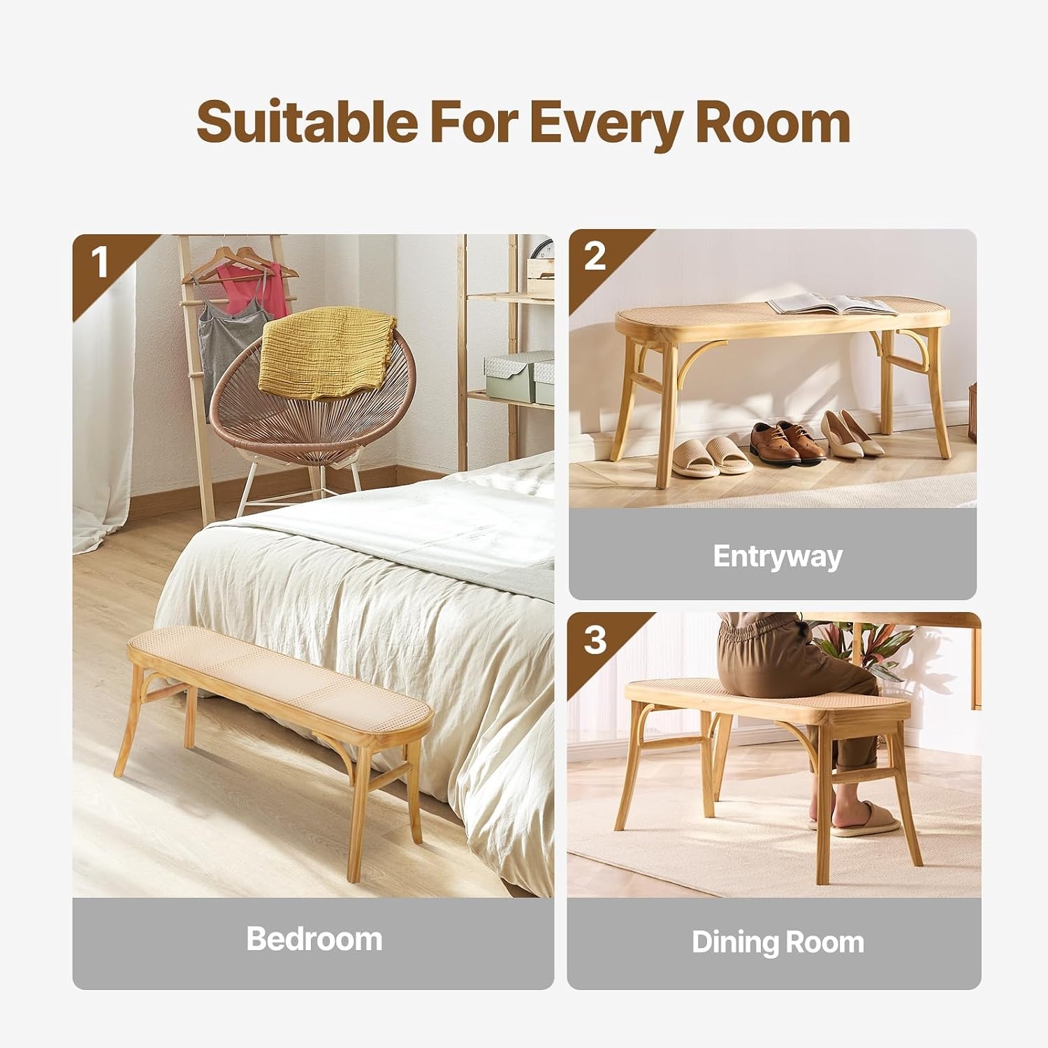 image:imageVEVOR 433 Wooden Rattan Bench Entryway Bench with Oak Wood Legs Bedroom End of Bed Boho Bench with Hand Woven Rattan for Living Room Kitchen