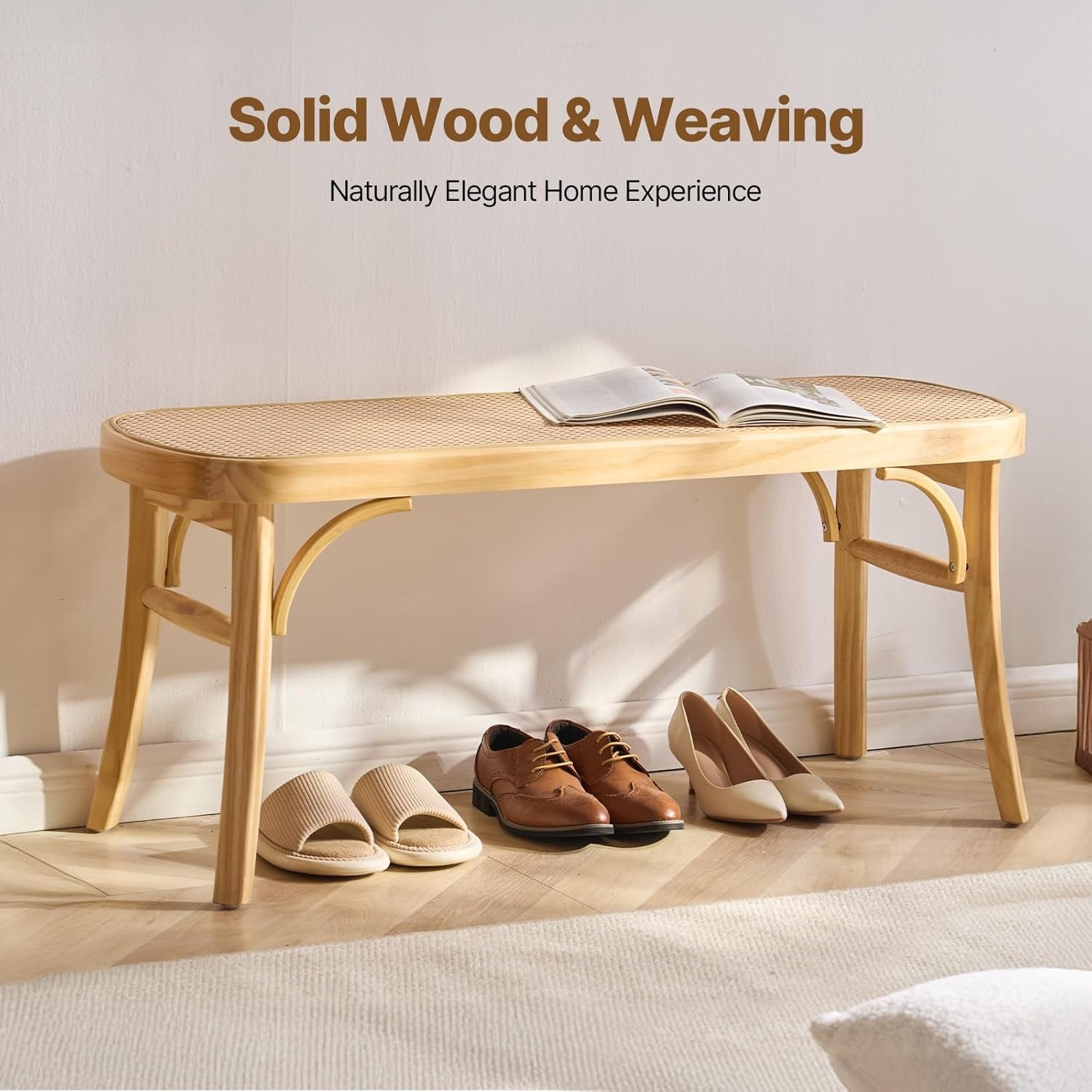 image:imageVEVOR 433 Wooden Rattan Bench Entryway Bench with Oak Wood Legs Bedroom End of Bed Boho Bench with Hand Woven Rattan for Living Room Kitchen