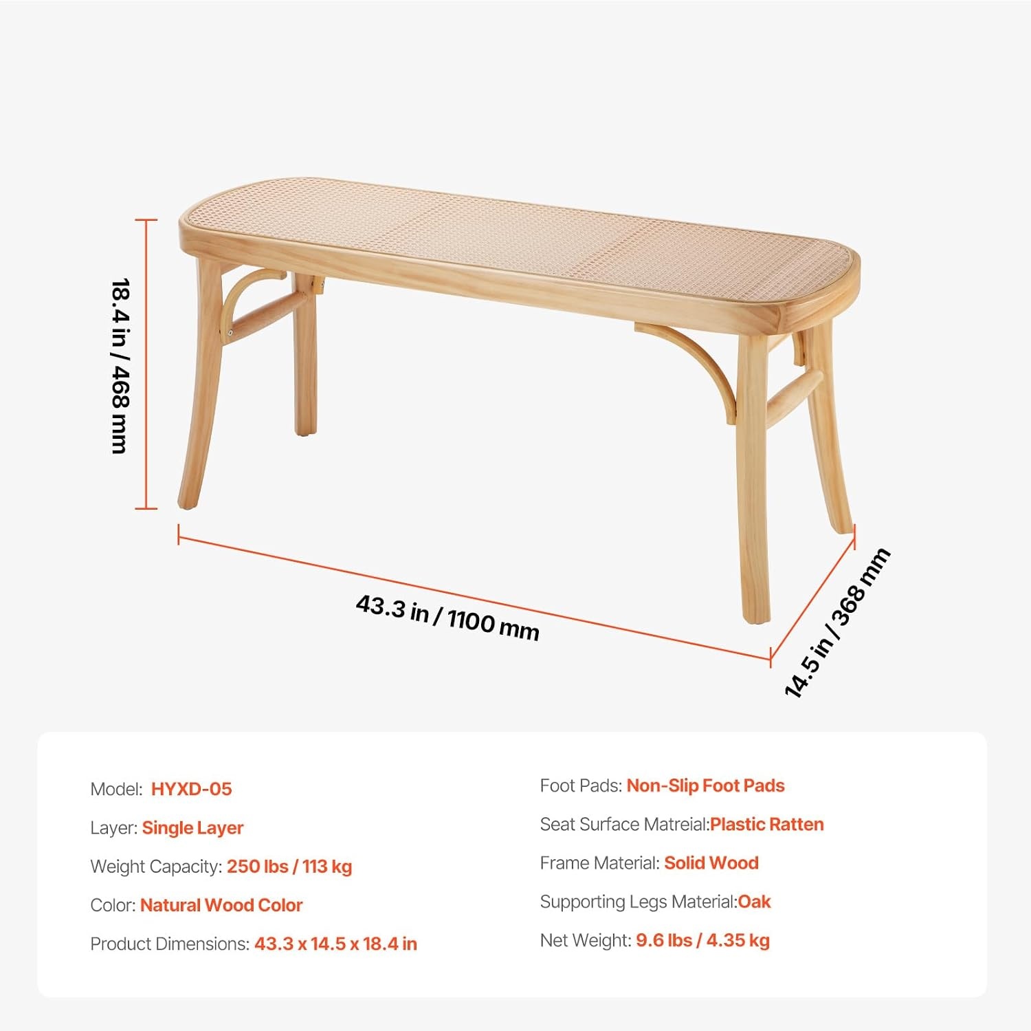image:imageVEVOR 433 Wooden Rattan Bench Entryway Bench with Oak Wood Legs Bedroom End of Bed Boho Bench with Hand Woven Rattan for Living Room Kitchen