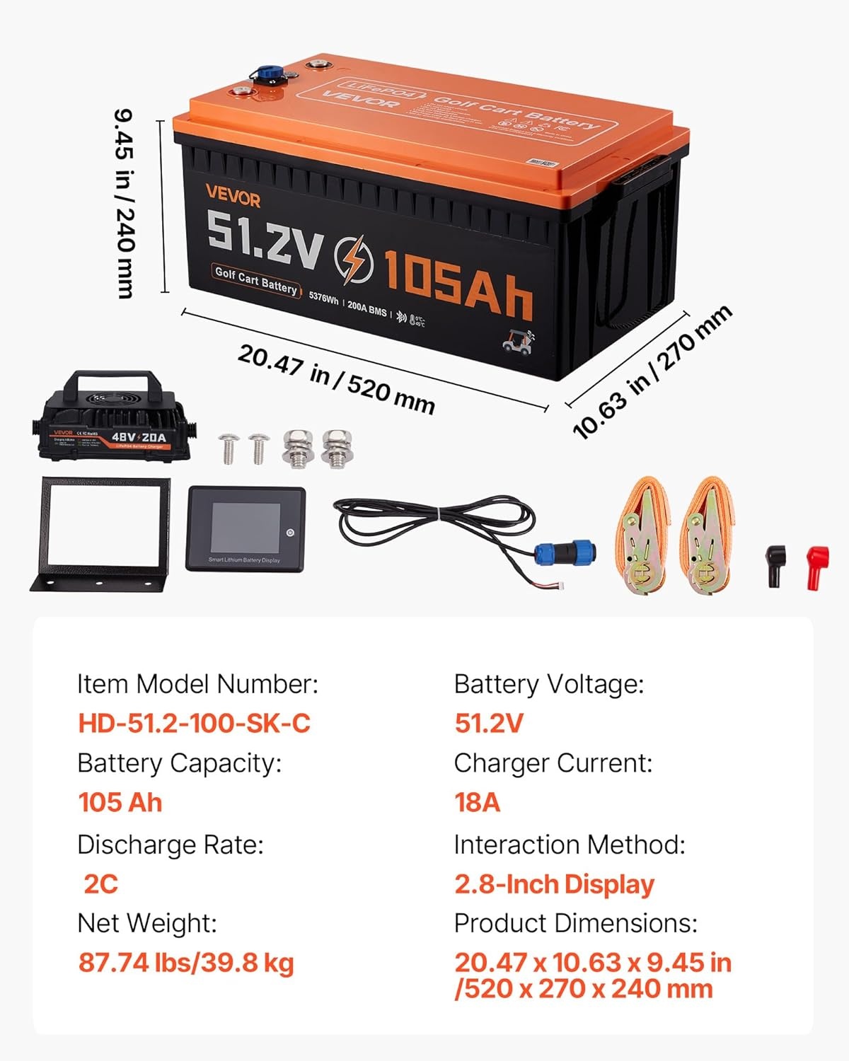image:imageVEVOR 48V 512V 105AH Lithium Golf Cart Battery with 18A Charger Lifepo4 Battery Kit Builtin 200A BMS with Bluetooth amp Touch Monitor 2C Discharge 4000 Cycles for Golf Carts Trolling Motors