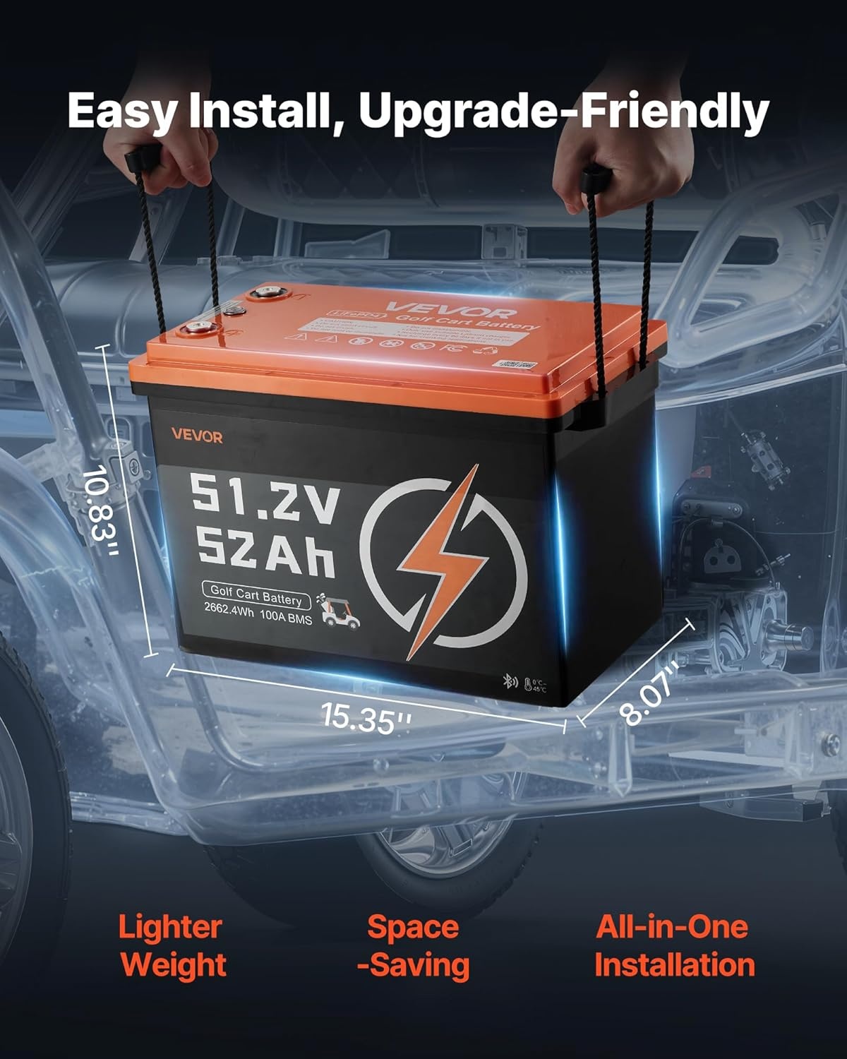 image:imageVEVOR 48V 512V 52AH Lithium Golf Cart Battery with 15A Charger Lifepo4 Battery Kit Builtin 100A BMS 4000 Cycles 2C Discharge Rate Bluetooth amp Mobile APP for Golf Carts Trolling Motors
