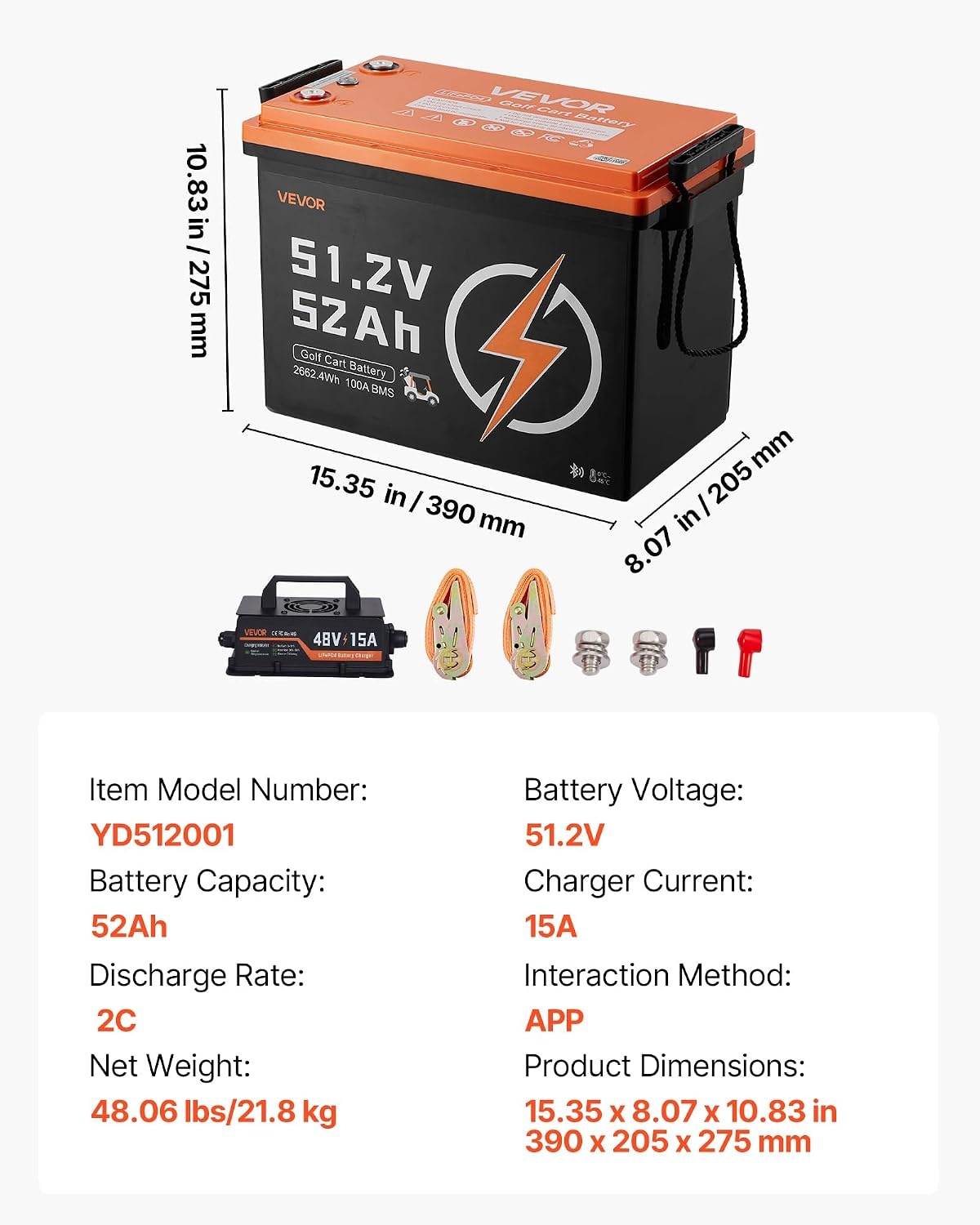 image:imageVEVOR 48V 512V 52AH Lithium Golf Cart Battery with 15A Charger Lifepo4 Battery Kit Builtin 100A BMS 4000 Cycles 2C Discharge Rate Bluetooth amp Mobile APP for Golf Carts Trolling Motors