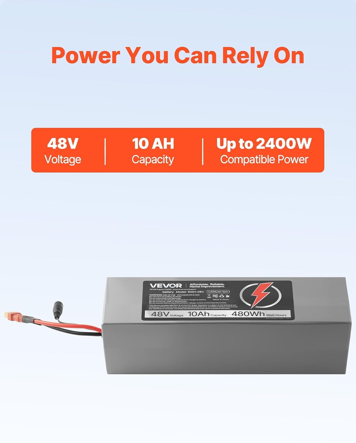 image:imageVEVOR 48V Lithium Battery 10Ah Lithium Battery Pack with 30A BMS Protection Charger TPlug Expansion Cable 500 Cycles IP66 Waterproof PVC Shell Fast Charging Compatible with 2400W Motors48V 10Ah