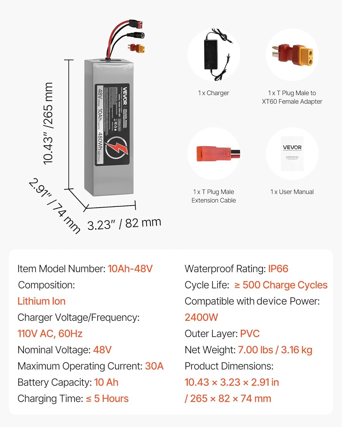 image:imageVEVOR 48V Lithium Battery 10Ah Lithium Battery Pack with 30A BMS Protection Charger TPlug Expansion Cable 500 Cycles IP66 Waterproof PVC Shell Fast Charging Compatible with 2400W Motors48V 10Ah