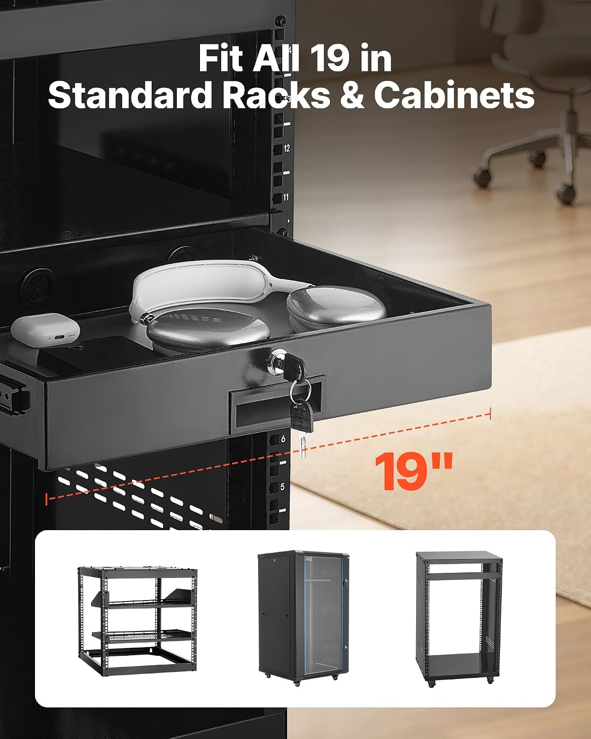 image:imageVEVOR 4U Rack Drawer Lockable Server Cabinet Case 138 Depth Server Rack Mount Drawer for 19 Network EquipmentDJAV Rack or Cabinet Enclosure 50 lbs Max Load with Cable Management Holes2U