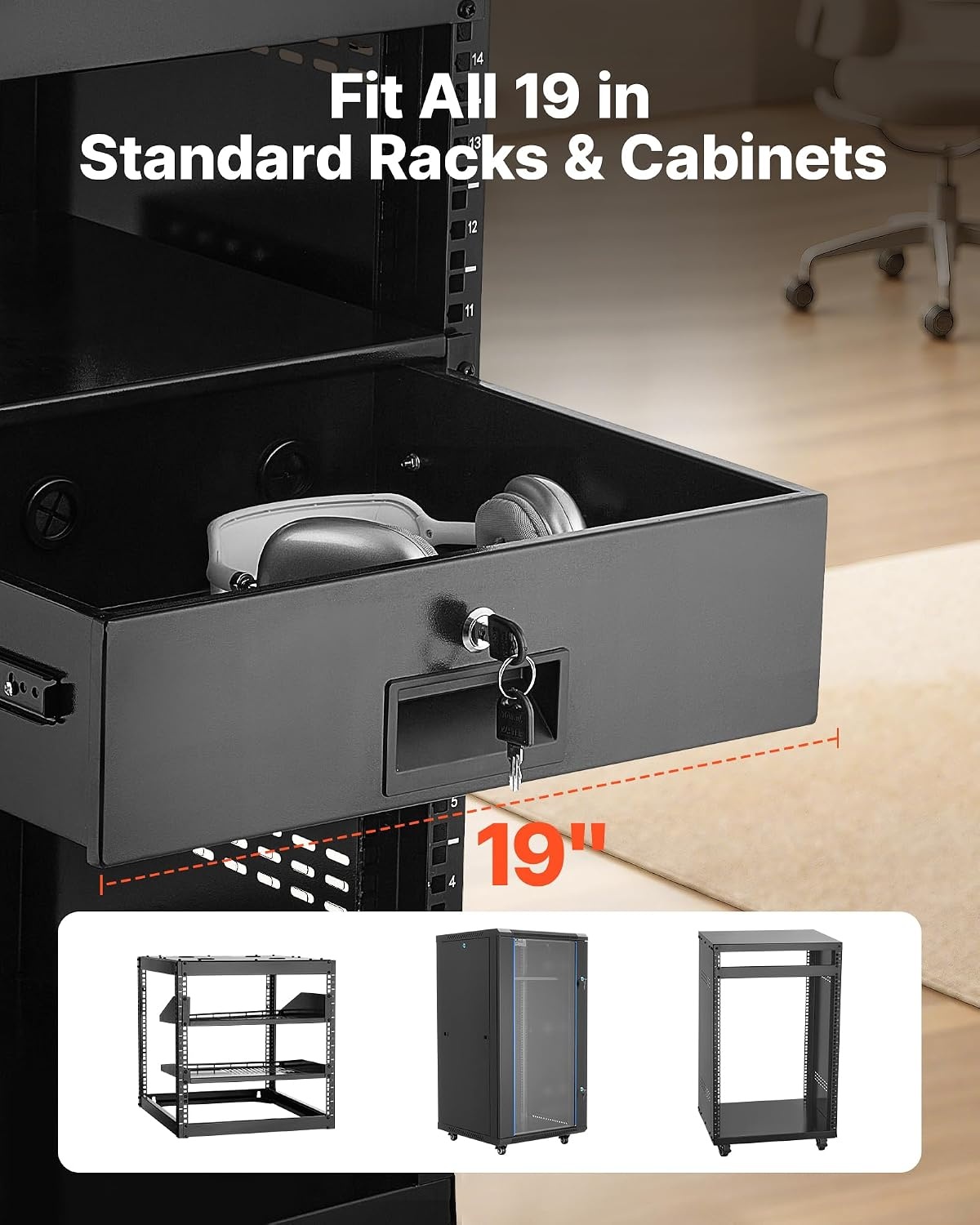 image:imageVEVOR 4U Rack Drawer Lockable Server Cabinet Case 138 Depth Server Rack Mount Drawer for 19 Network EquipmentDJAV Rack or Cabinet Enclosure 50 lbs Max Load with Cable Management Holes3U