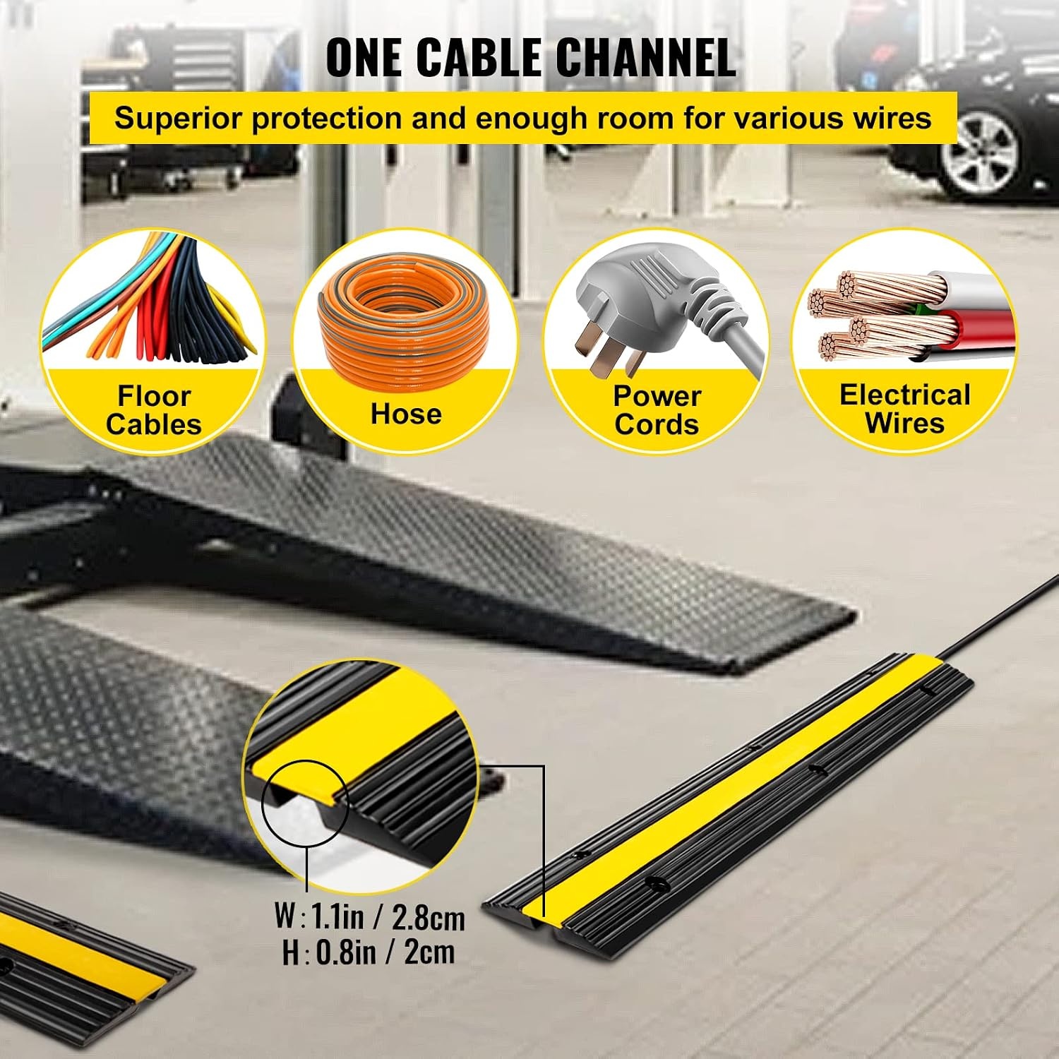 image:imageVEVOR 5 Channel Rubber Cable Protector Ramp Heavy Duty 22000 lbsaxle Capacity Wire Hose Cord Cover Ramp ADA Compliant Driveway Road Hump Traffic Speed Bump wFlipOpen Top Cover1 Channel4PCS