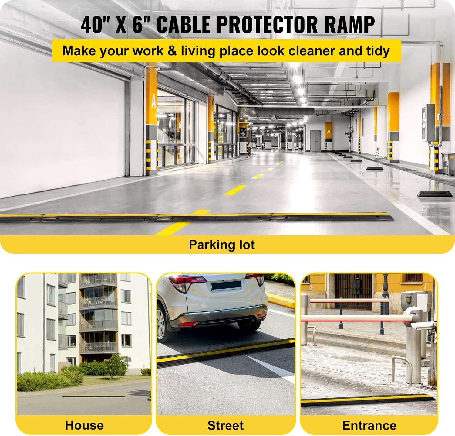 image:imageVEVOR 5 Channel Rubber Cable Protector Ramp Heavy Duty 22000 lbsaxle Capacity Wire Hose Cord Cover Ramp ADA Compliant Driveway Road Hump Traffic Speed Bump wFlipOpen Top Cover1 Channel4PCS