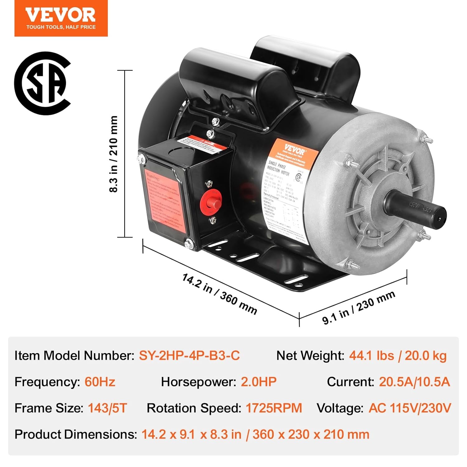 image:imageVEVOR 5 HP Electric Motor 3450RPM Air Compressor Motor CWCCW Rotation 0875 inch Shaft Diameter 225inch Shaft Length 1014Nm Torque SinglePhase 230V TEFC Cooling1