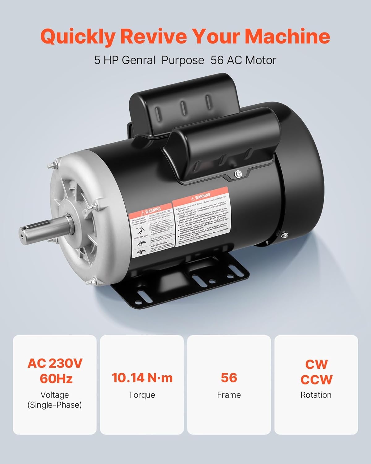 image:imageVEVOR 5 HP Electric Motor 3450RPM Air Compressor Motor CWCCW Rotation 0875 inch Shaft Diameter 225inch Shaft Length 1014Nm Torque SinglePhase 230V TEFC Cooling1