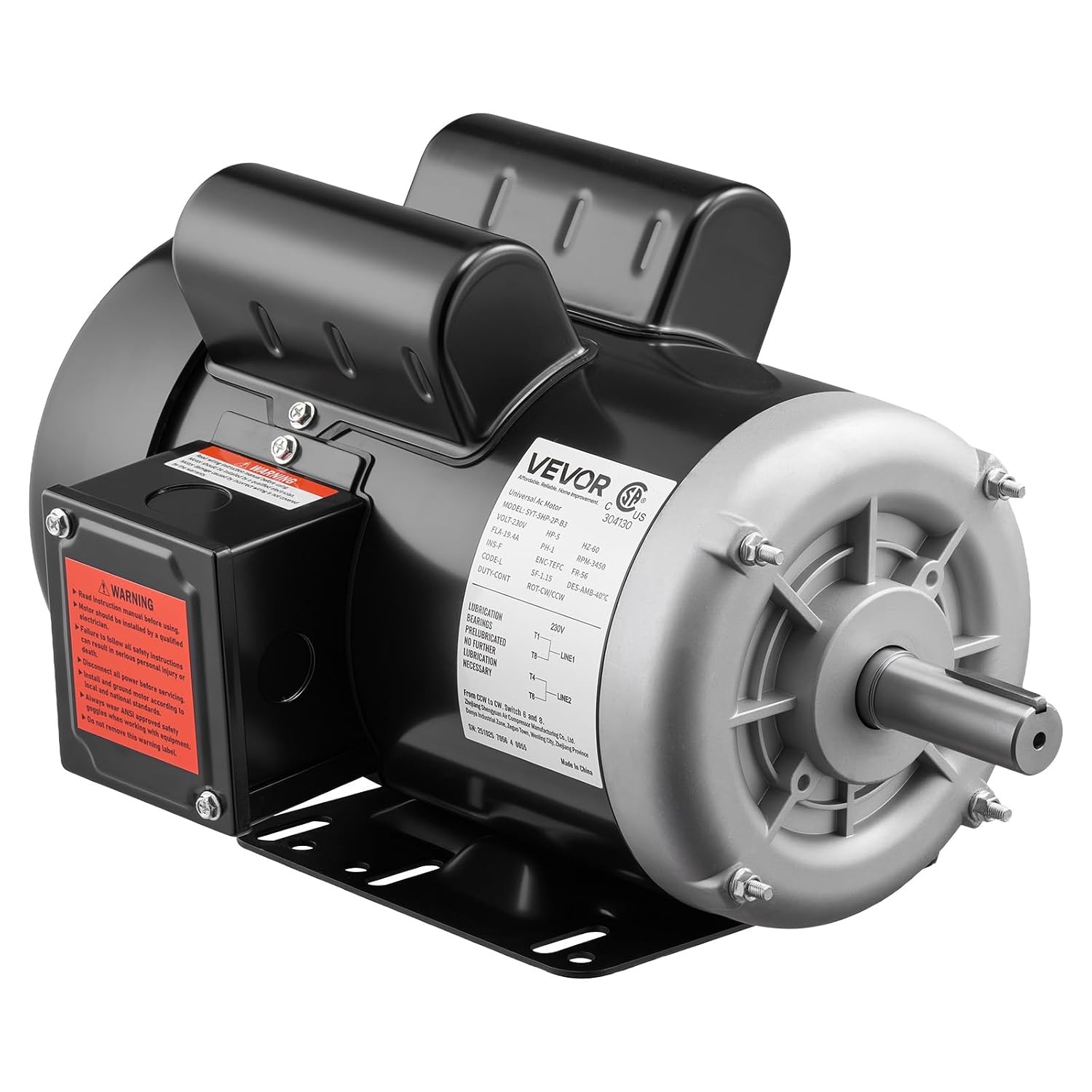 image:imageVEVOR 5 HP Electric Motor 3450RPM Air Compressor Motor CWCCW Rotation 0875 inch Shaft Diameter 225inch Shaft Length 1014Nm Torque SinglePhase 230V TEFC Cooling1