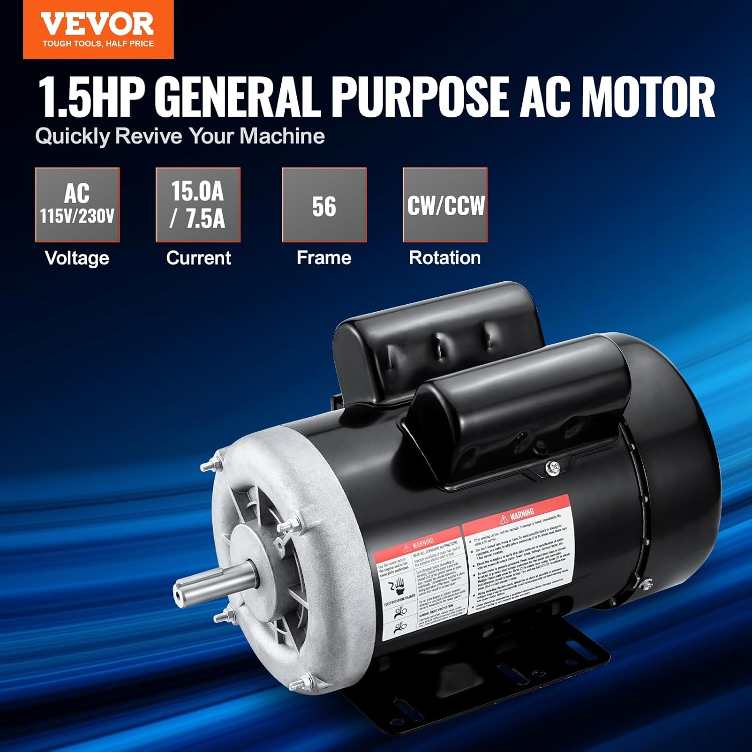 image:imageVEVOR 5 HP Electric Motor 3450RPM Air Compressor Motor CWCCW Rotation 0875 inch Shaft Diameter 225inch Shaft Length 1014Nm Torque SinglePhase 230V TEFC Cooling1