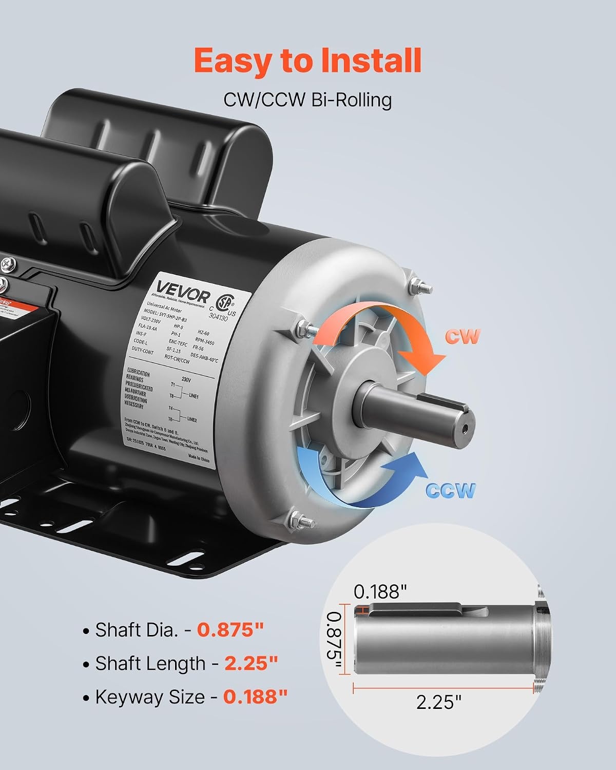 image:imageVEVOR 5 HP Electric Motor 3450RPM Air Compressor Motor CWCCW Rotation 0875 inch Shaft Diameter 225inch Shaft Length 1014Nm Torque SinglePhase 230V TEFC Cooling1