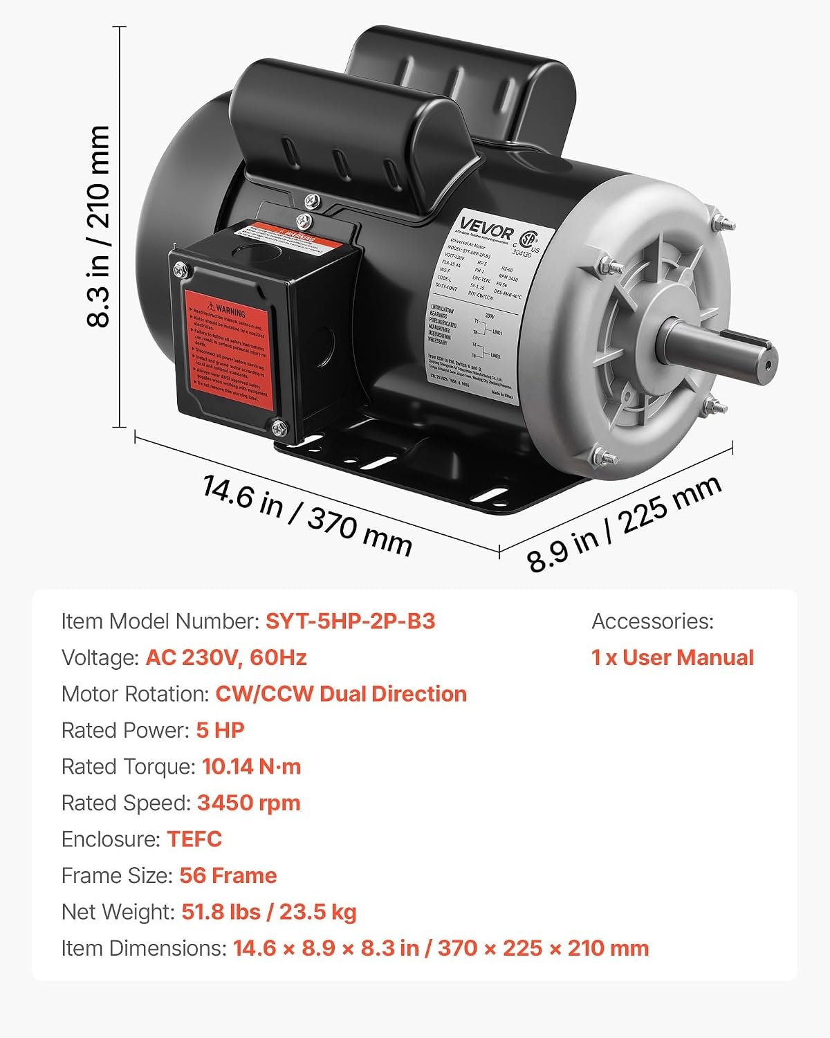 image:imageVEVOR 5 HP Electric Motor 3450RPM Air Compressor Motor CWCCW Rotation 0875 inch Shaft Diameter 225inch Shaft Length 1014Nm Torque SinglePhase 230V TEFC Cooling1