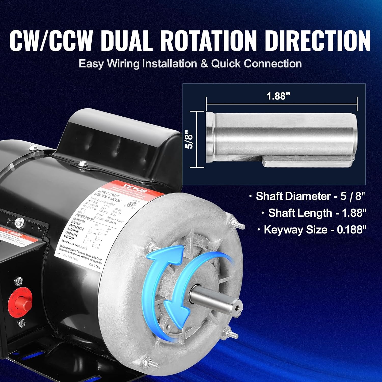 image:imageVEVOR 5 HP Electric Motor 3450RPM Air Compressor Motor CWCCW Rotation 0875 inch Shaft Diameter 225inch Shaft Length 1014Nm Torque SinglePhase 230V TEFC Cooling1