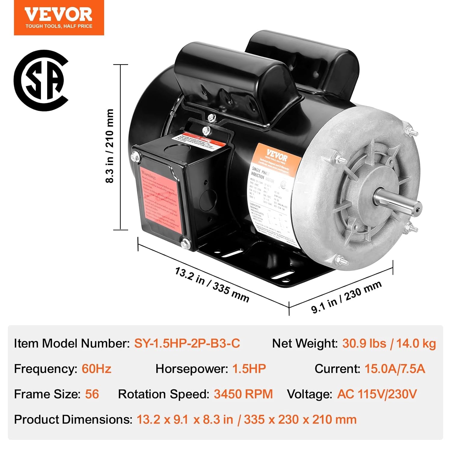 image:imageVEVOR 5 HP Electric Motor 3450RPM Air Compressor Motor CWCCW Rotation 0875 inch Shaft Diameter 225inch Shaft Length 1014Nm Torque SinglePhase 230V TEFC Cooling1