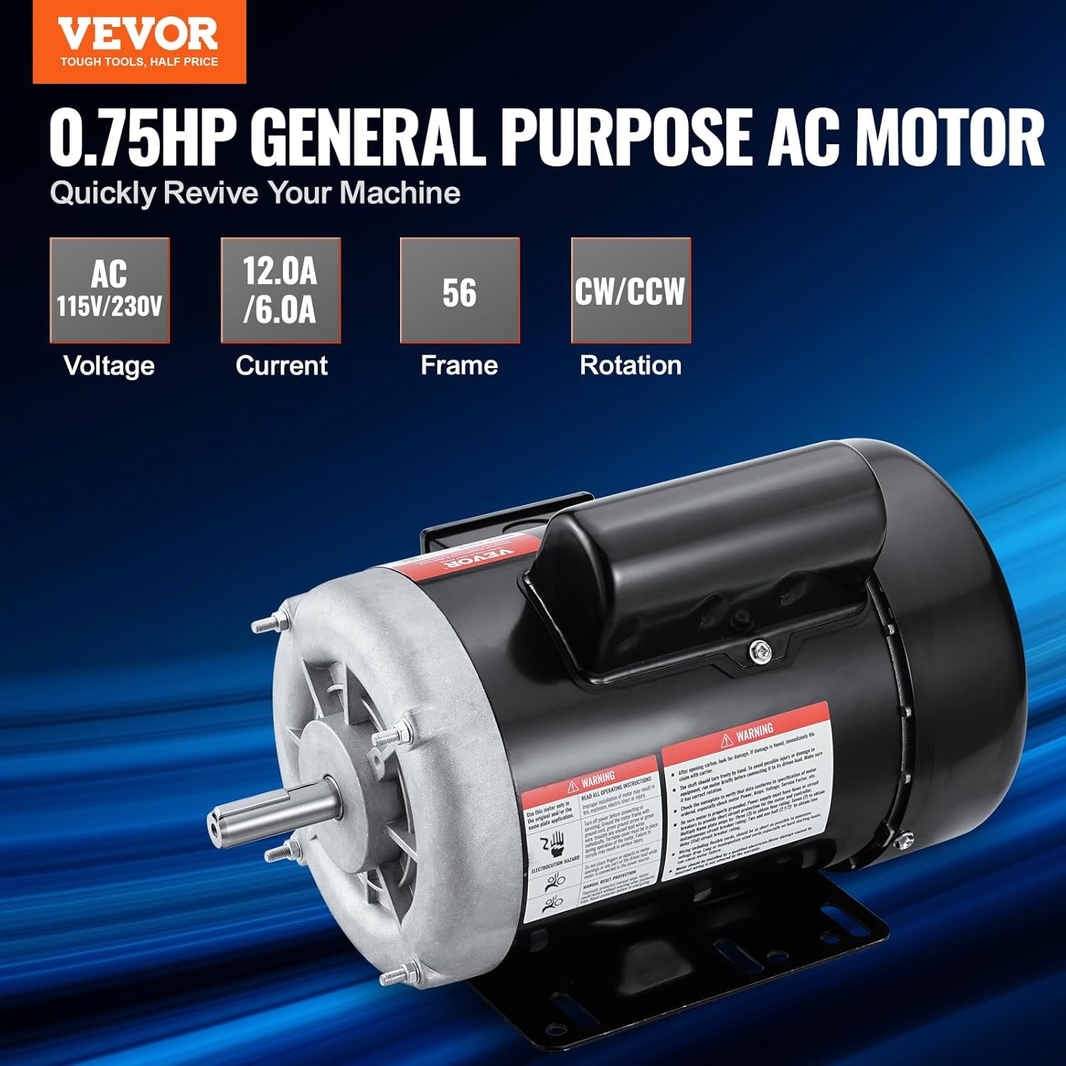 image:imageVEVOR 5 HP Electric Motor 3450RPM Air Compressor Motor CWCCW Rotation 0875 inch Shaft Diameter 225inch Shaft Length 1014Nm Torque SinglePhase 230V TEFC Cooling1