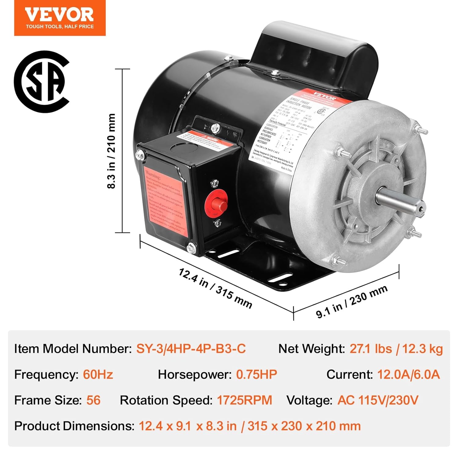 image:imageVEVOR 5 HP Electric Motor 3450RPM Air Compressor Motor CWCCW Rotation 0875 inch Shaft Diameter 225inch Shaft Length 1014Nm Torque SinglePhase 230V TEFC Cooling1