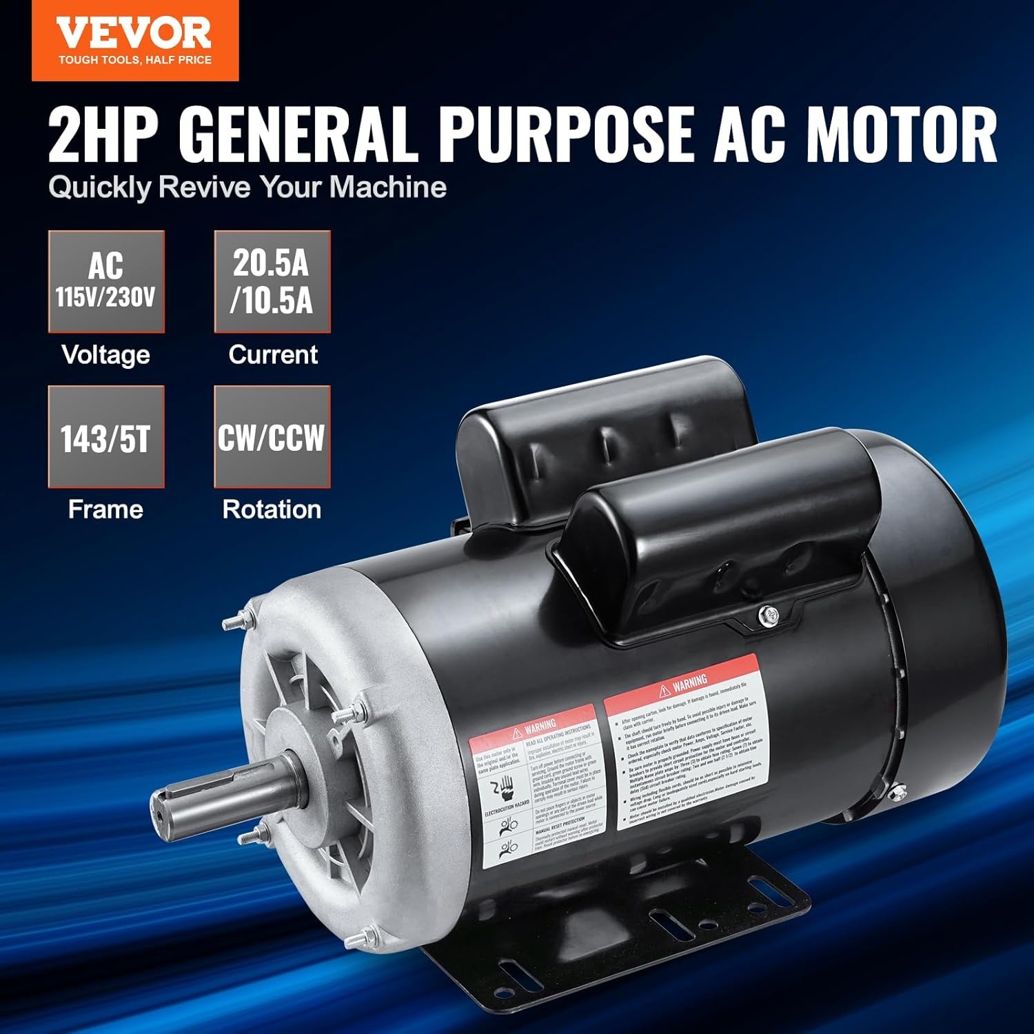 image:imageVEVOR 5 HP Electric Motor 3450RPM Air Compressor Motor CWCCW Rotation 0875 inch Shaft Diameter 225inch Shaft Length 1014Nm Torque SinglePhase 230V TEFC Cooling1