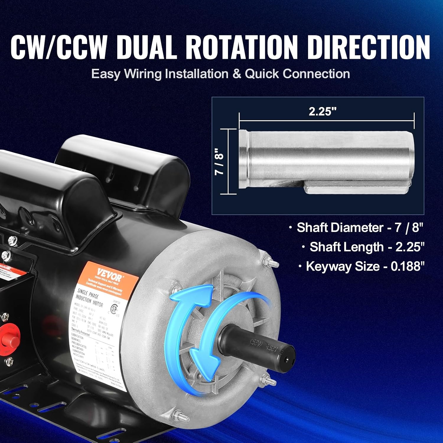 image:imageVEVOR 5 HP Electric Motor 3450RPM Air Compressor Motor CWCCW Rotation 0875 inch Shaft Diameter 225inch Shaft Length 1014Nm Torque SinglePhase 230V TEFC Cooling1