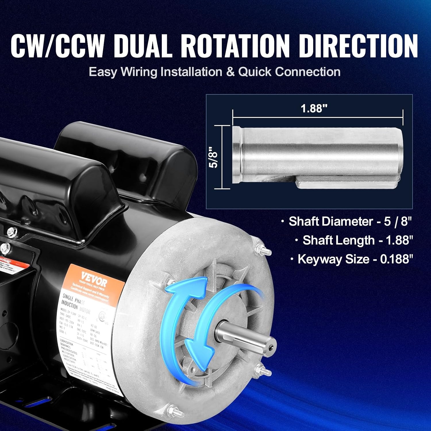 image:imageVEVOR 5 HP Electric Motor 3450RPM Air Compressor Motor CWCCW Rotation 0875 inch Shaft Diameter 225inch Shaft Length 1014Nm Torque SinglePhase 230V TEFC Cooling1