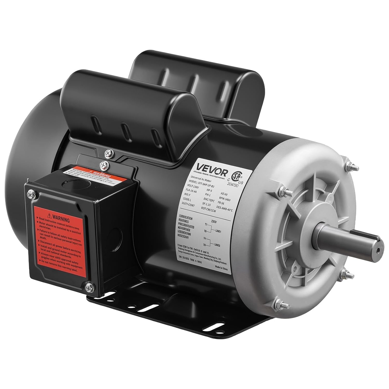 image:imageVEVOR 5 HP Electric Motor 3450RPM Air Compressor Motor CWCCW Rotation 0875 inch Shaft Diameter 225inch Shaft Length 1014Nm Torque SinglePhase 230V TEFC Cooling1