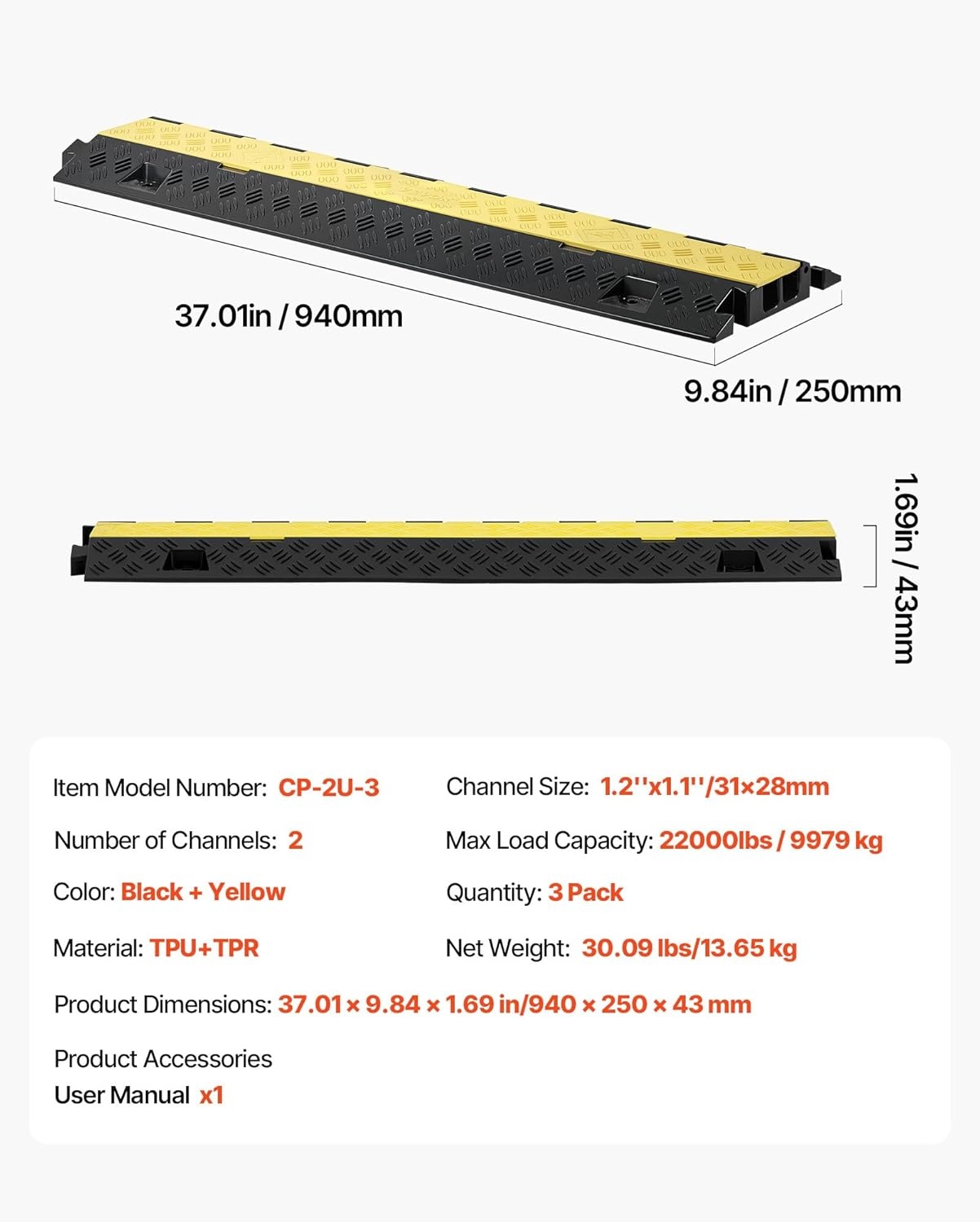 image:imageVEVOR 5 PCs TPU Cable Protector Ramp Heavy Duty 2Channel Speed Bumps for Road OdorFree EcoFriendly TPU with TPR Cover for Driveway Hose Floor Cord Cover 22000 lbsAxle Capacity3 PCs