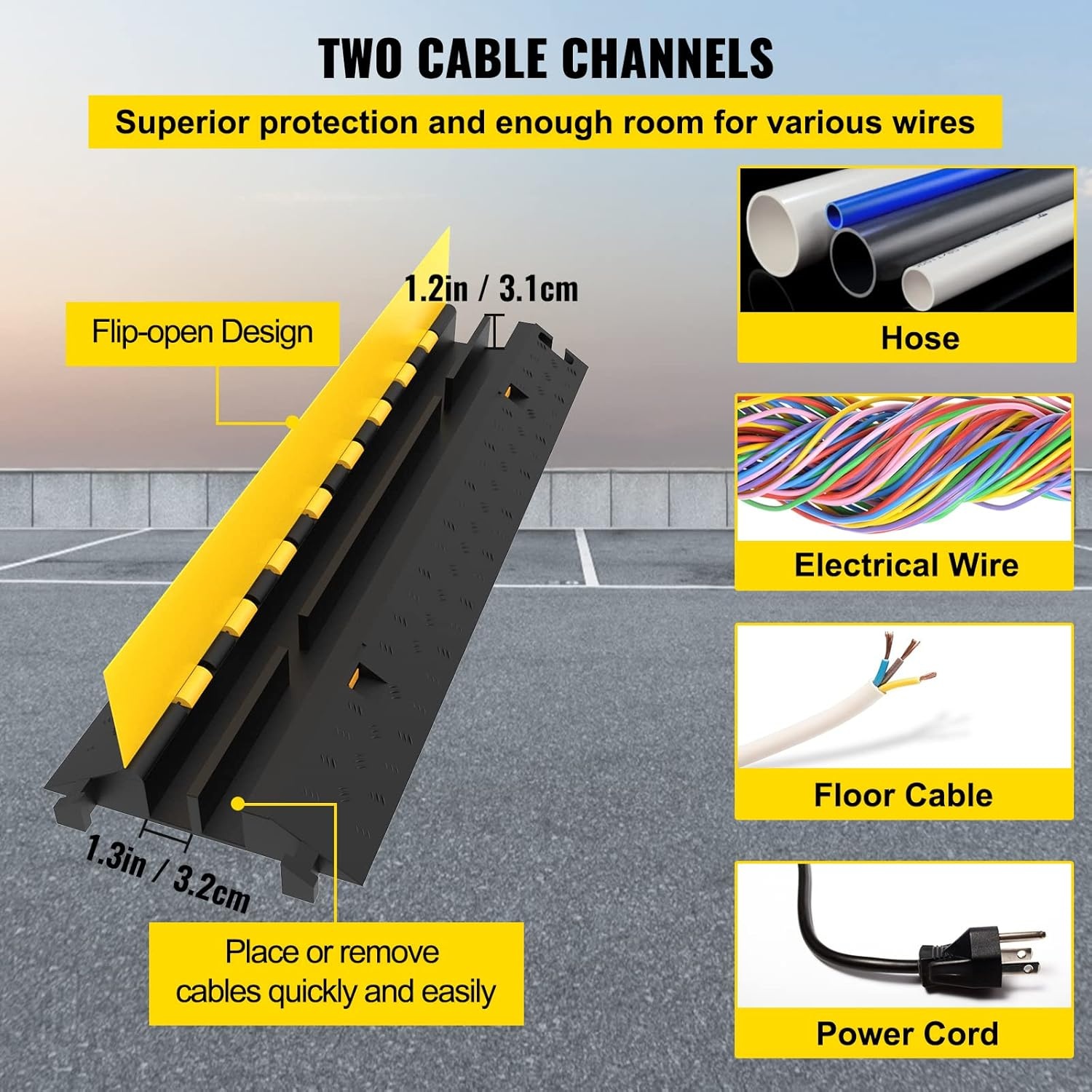 image:imageVEVOR 5 Pack Rubber Cable Protector Ramp 2 Channel Heavy Duty 66000 lbs Load Capacity Cable Wire Cord Cover Ramp Speed Bump Driveway Hose Cable Ramp Protective Cover 2Channel 5 Pack66000 lbs4 Pcs