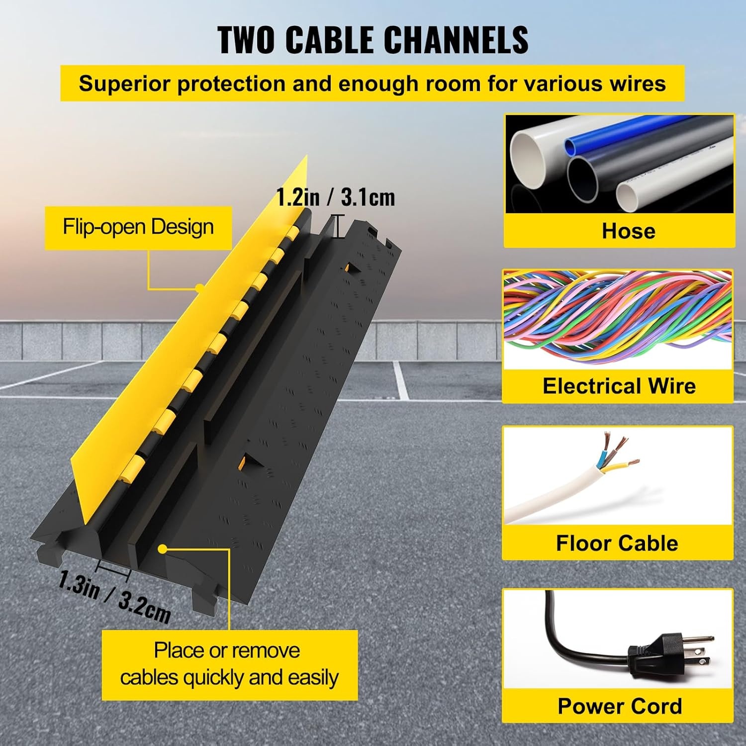 image:imageVEVOR 5 Pack Rubber Cable Protector Ramp 2 Channel Heavy Duty 66000 lbs Load Capacity Cable Wire Cord Cover Ramp Speed Bump Driveway Hose Cable Ramp Protective Cover 2Channel 5 Pack66000 lbs5 Pcs