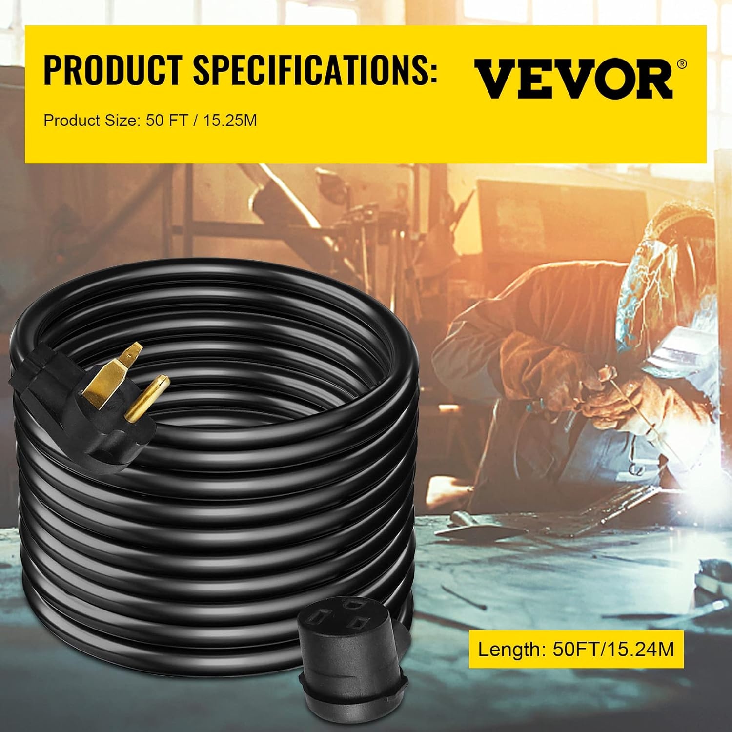 image:imageVEVOR 50FT Welder Extension Cord 40 Amp 250V 10 Gauge NEMA 650 3 Prong STW 103 AWG Heavy Duty Welding Power Cord for MIGTIGPlasmaLincolnMiller50 ft