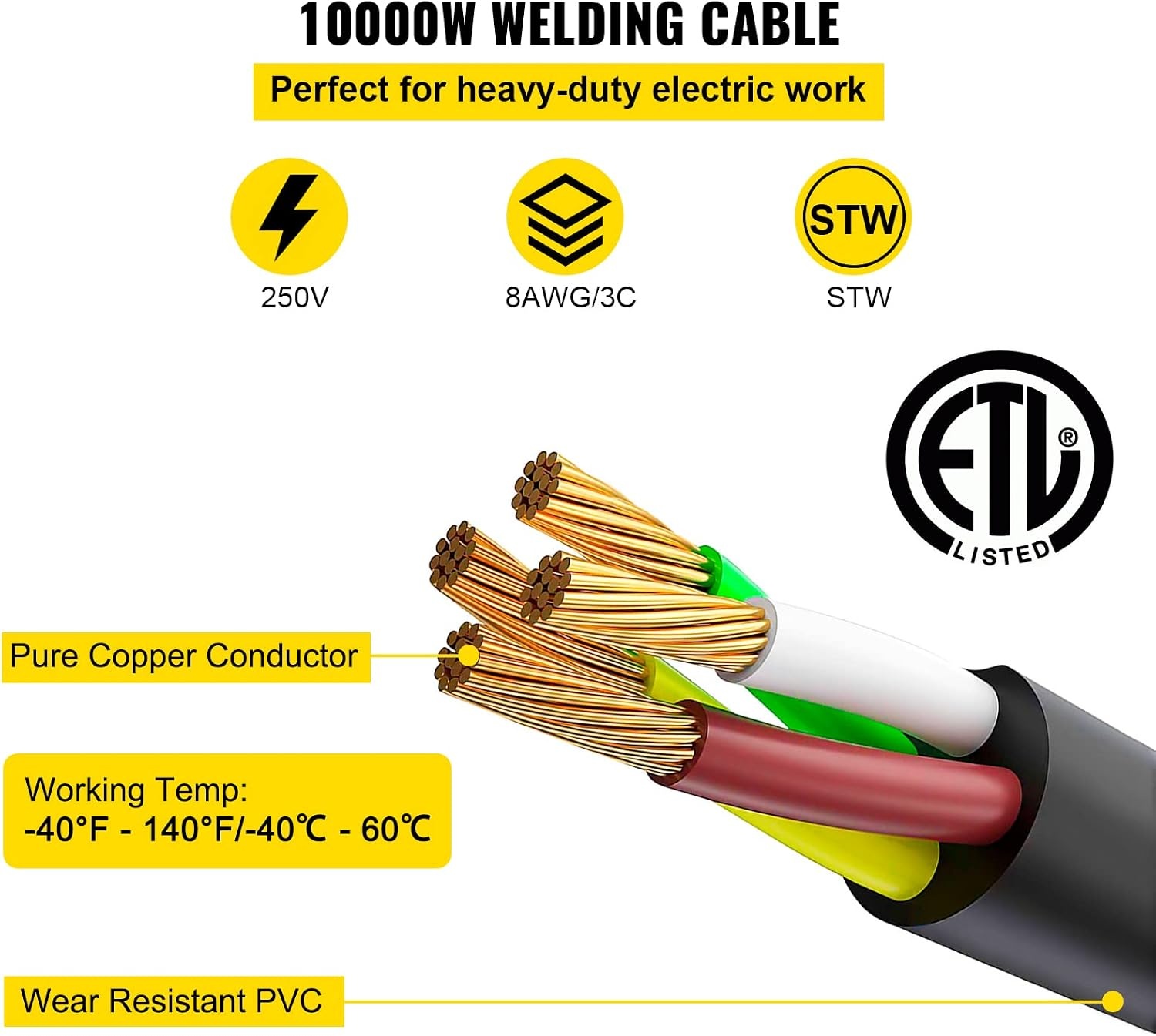 image:imageVEVOR 50FT Welder Extension Cord 40 Amp 250V 10 Gauge NEMA 650 3 Prong STW 103 AWG Heavy Duty Welding Power Cord for MIGTIGPlasmaLincolnMiller50 ft