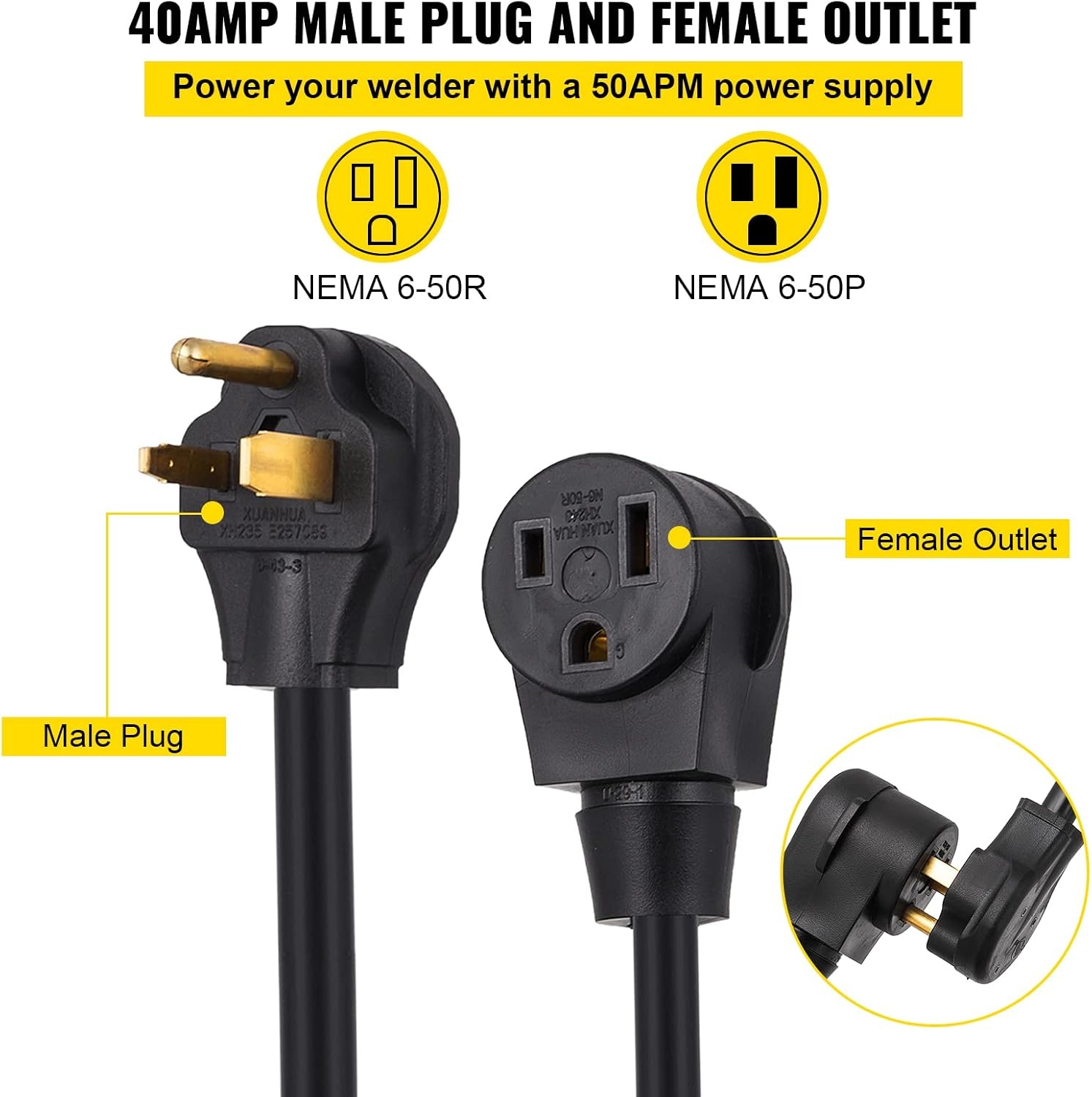 image:imageVEVOR 50FT Welder Extension Cord 40 Amp 250V 10 Gauge NEMA 650 3 Prong STW 103 AWG Heavy Duty Welding Power Cord for MIGTIGPlasmaLincolnMiller50 ft