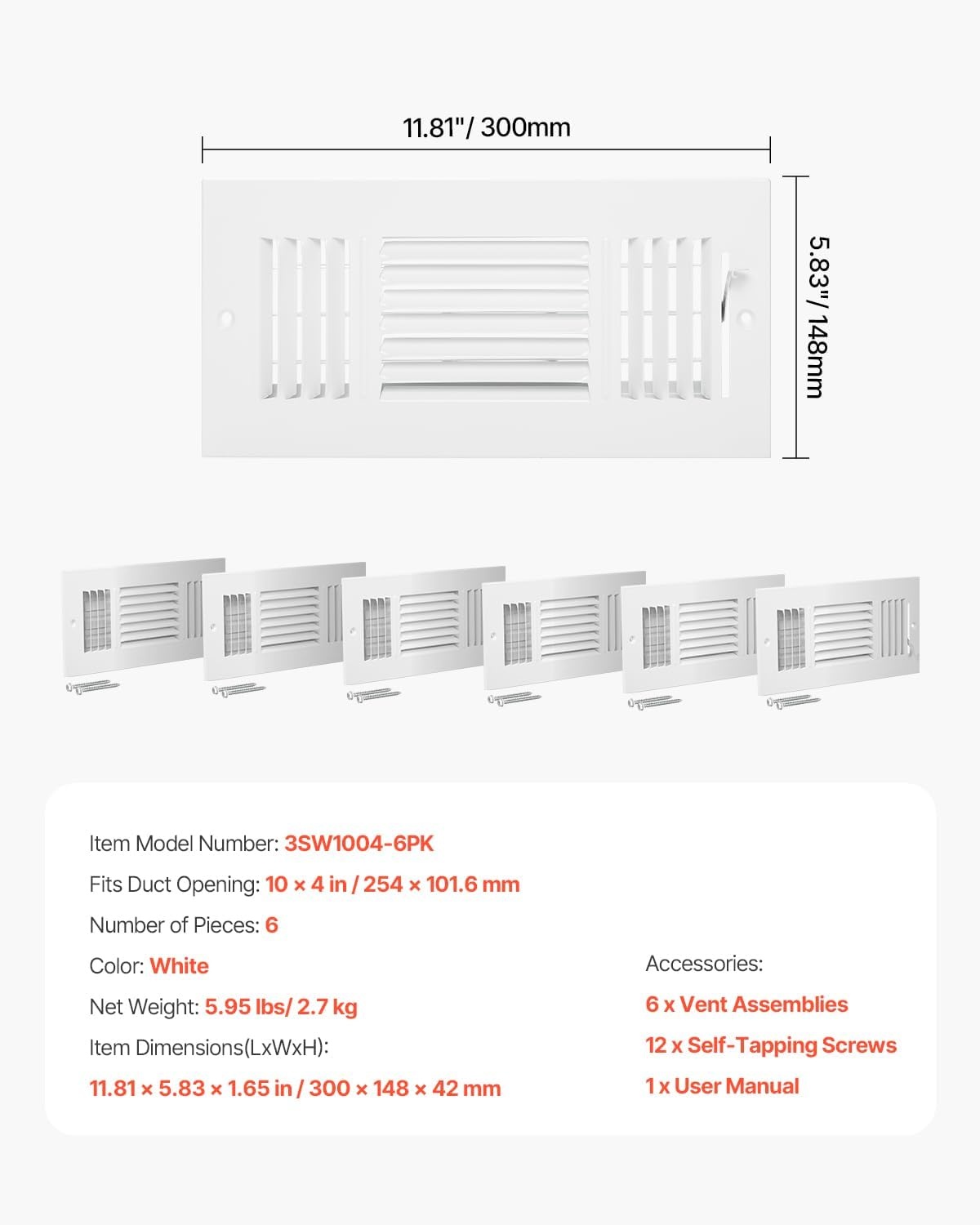 image:imageVEVOR 6 x 10 Inch Air Vent Covers 6Pack Return Air Vent Cover HVAC 3Direction Iron Vent Grilles for Wall amp Ceiling Rustproof AntiPeeling Air Vents Deflector Adjustable with Metal Damper White4 x 10 Inch