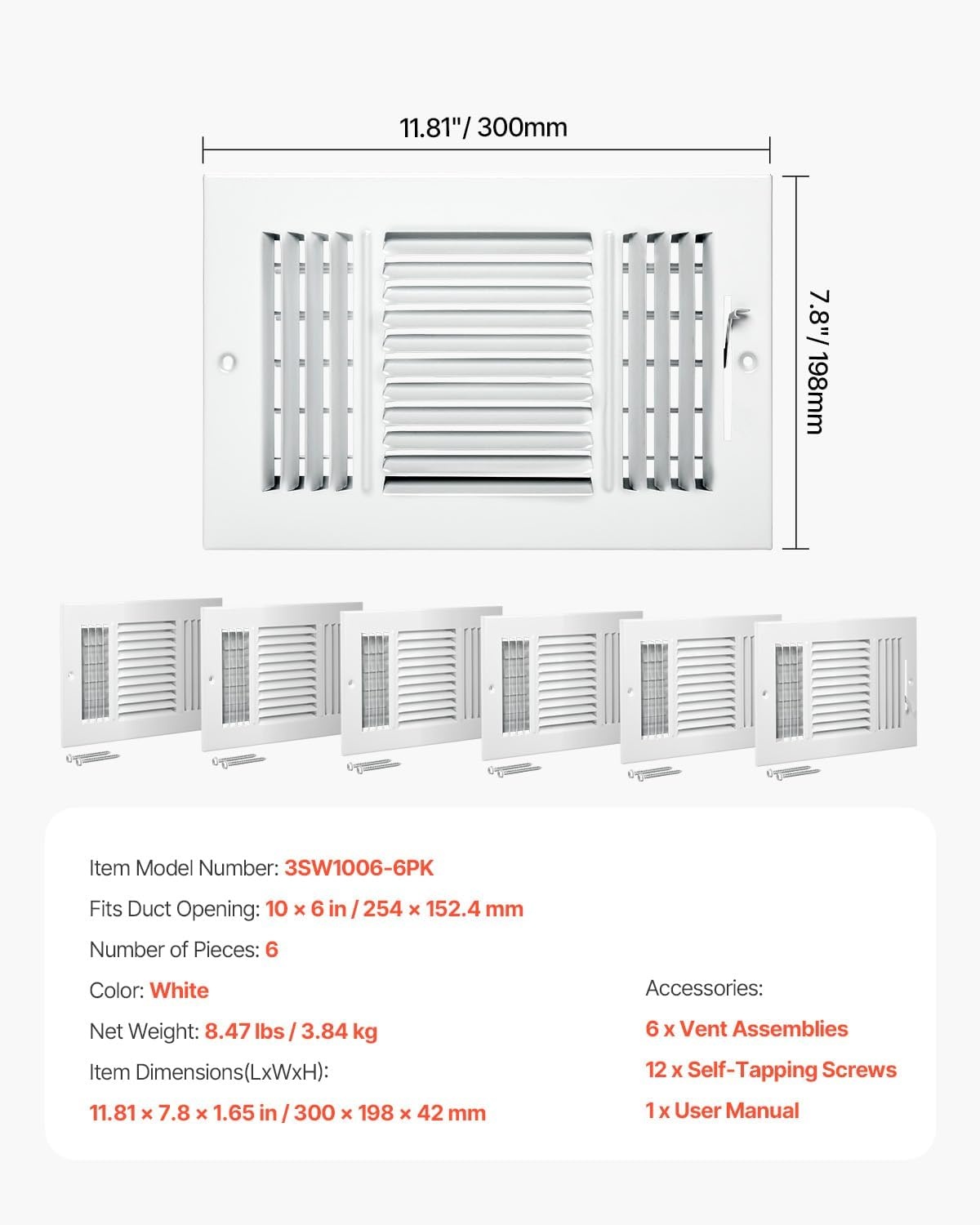 image:imageVEVOR 6 x 10 Inch Air Vent Covers 6Pack Return Air Vent Cover HVAC 3Direction Iron Vent Grilles for Wall amp Ceiling Rustproof AntiPeeling Air Vents Deflector Adjustable with Metal Damper White6 x 10 Inch