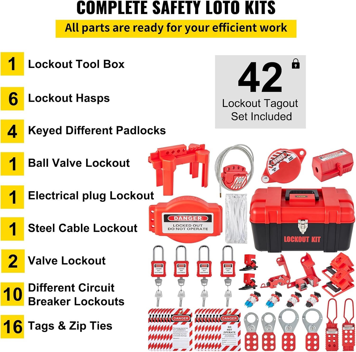 image:imageVEVOR 60pcs Lockout Tagout Kit 14 Padlocks 3 Hasps 40 Tags 40 Ties 5 Expansion Kits Lockout Station Board Metallic Industrial amp Electrical Safety42pcs Set