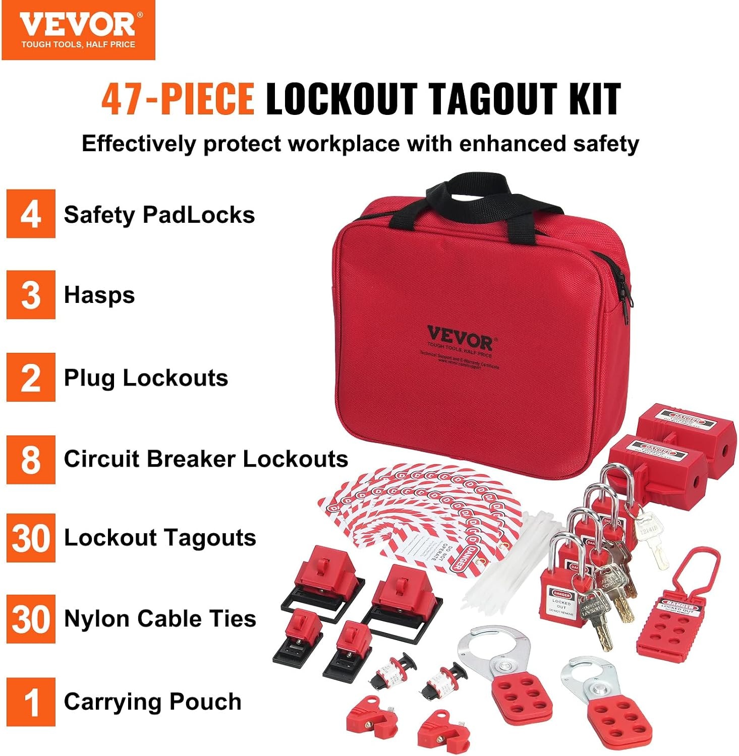 image:imageVEVOR 60pcs Lockout Tagout Kit 14 Padlocks 3 Hasps 40 Tags 40 Ties 5 Expansion Kits Lockout Station Board Metallic Industrial amp Electrical Safety47pcs Set
