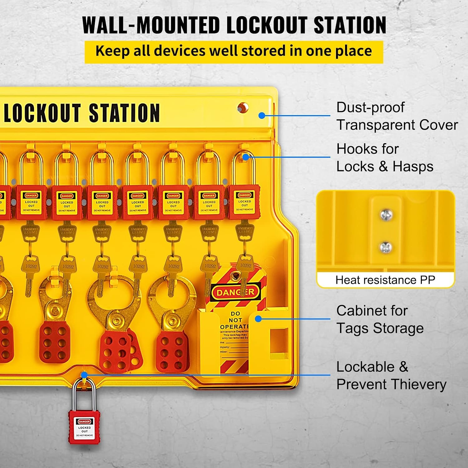 image:imageVEVOR 60pcs Lockout Tagout Kit 14 Padlocks 3 Hasps 40 Tags 40 Ties 5 Expansion Kits Lockout Station Board Metallic Industrial amp Electrical Safety58pcs Set