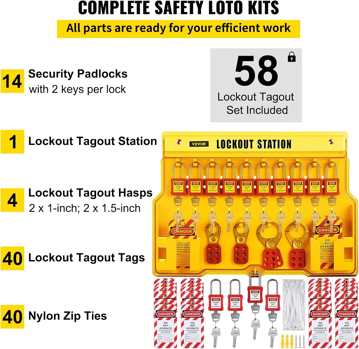 image:imageVEVOR 60pcs Lockout Tagout Kit 14 Padlocks 3 Hasps 40 Tags 40 Ties 5 Expansion Kits Lockout Station Board Metallic Industrial amp Electrical Safety58pcs Set