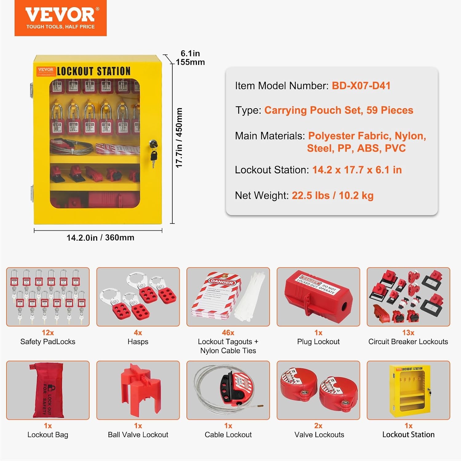 image:imageVEVOR 60pcs Lockout Tagout Kit 14 Padlocks 3 Hasps 40 Tags 40 Ties 5 Expansion Kits Lockout Station Board Metallic Industrial amp Electrical Safety59pcs Set