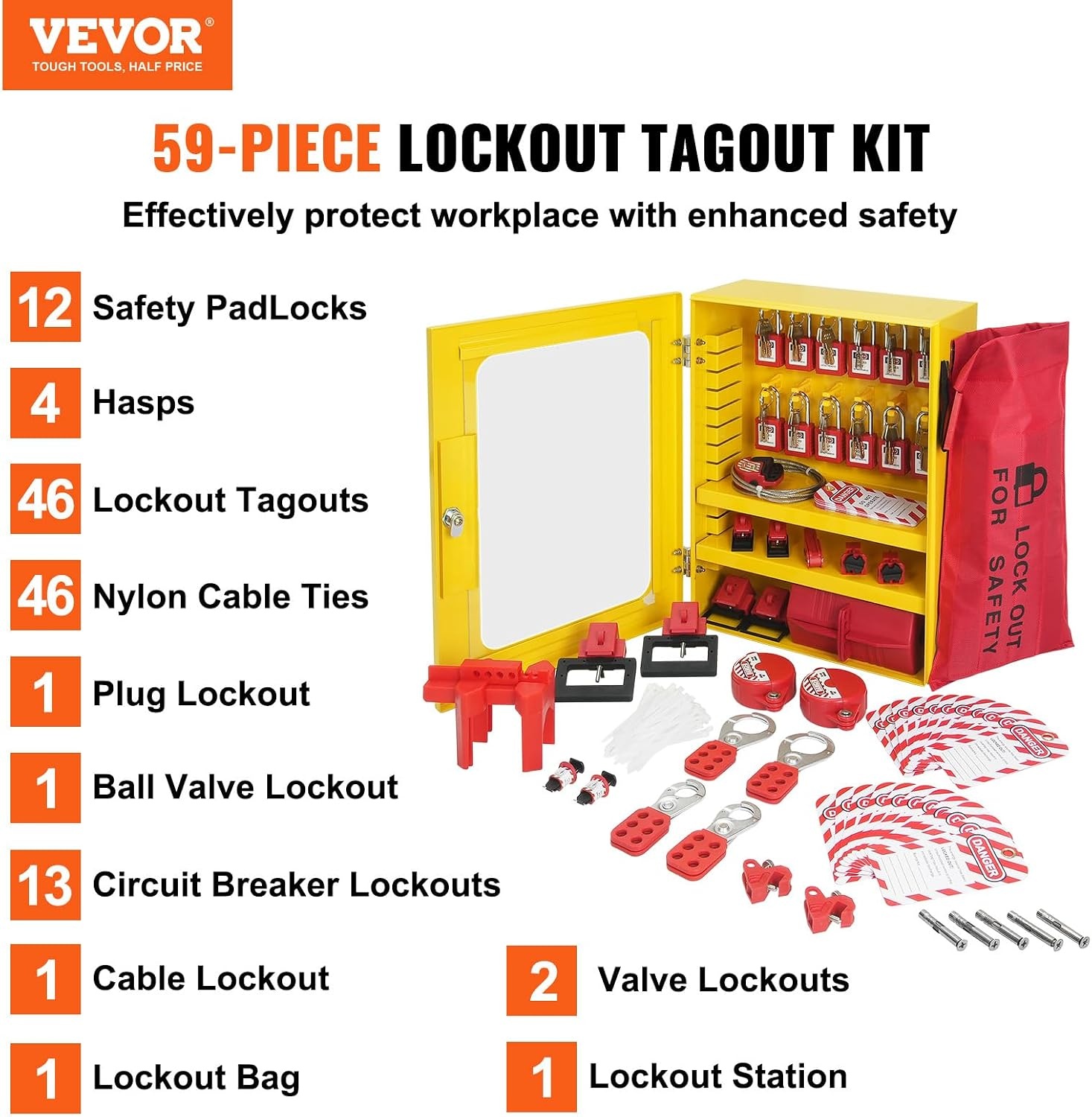 image:imageVEVOR 60pcs Lockout Tagout Kit 14 Padlocks 3 Hasps 40 Tags 40 Ties 5 Expansion Kits Lockout Station Board Metallic Industrial amp Electrical Safety59pcs Set
