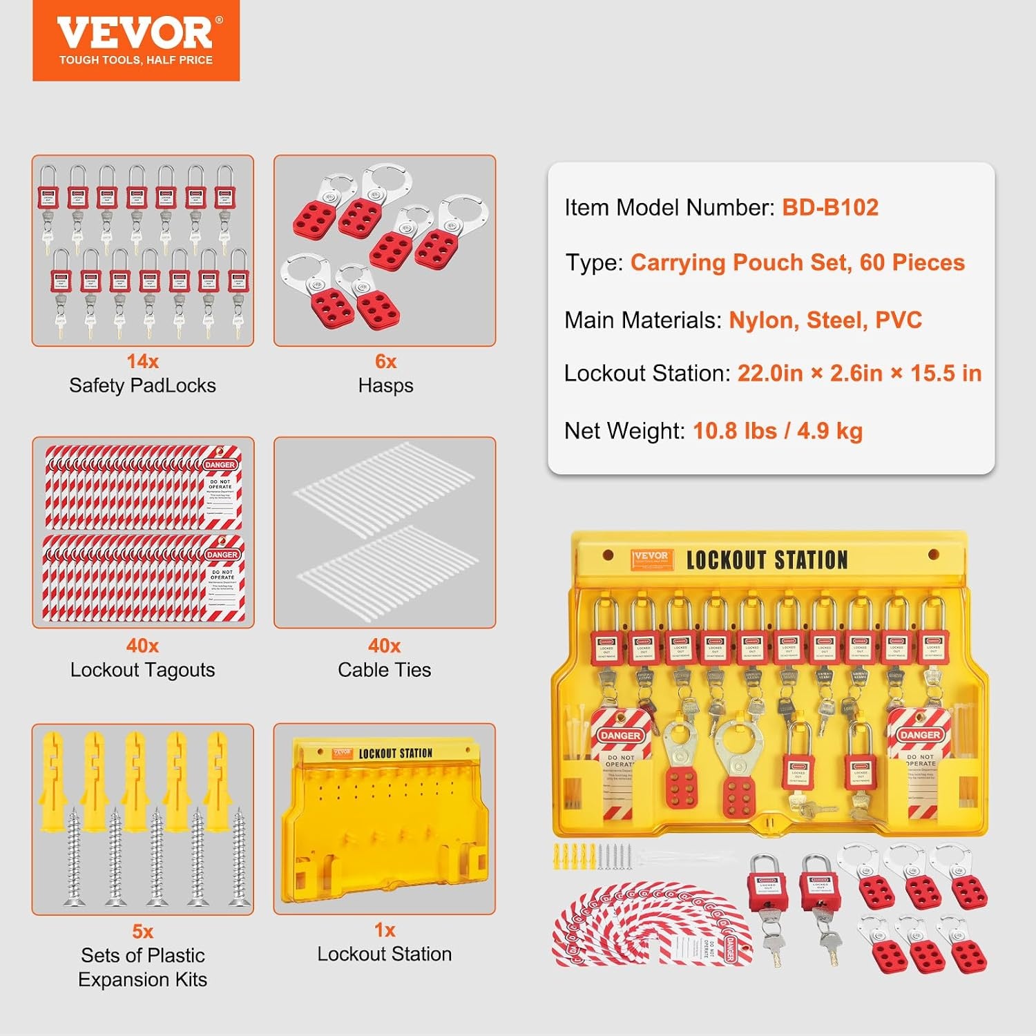 image:imageVEVOR 60pcs Lockout Tagout Kit 14 Padlocks 3 Hasps 40 Tags 40 Ties 5 Expansion Kits Lockout Station Board Metallic Industrial amp Electrical Safety60pcs Set