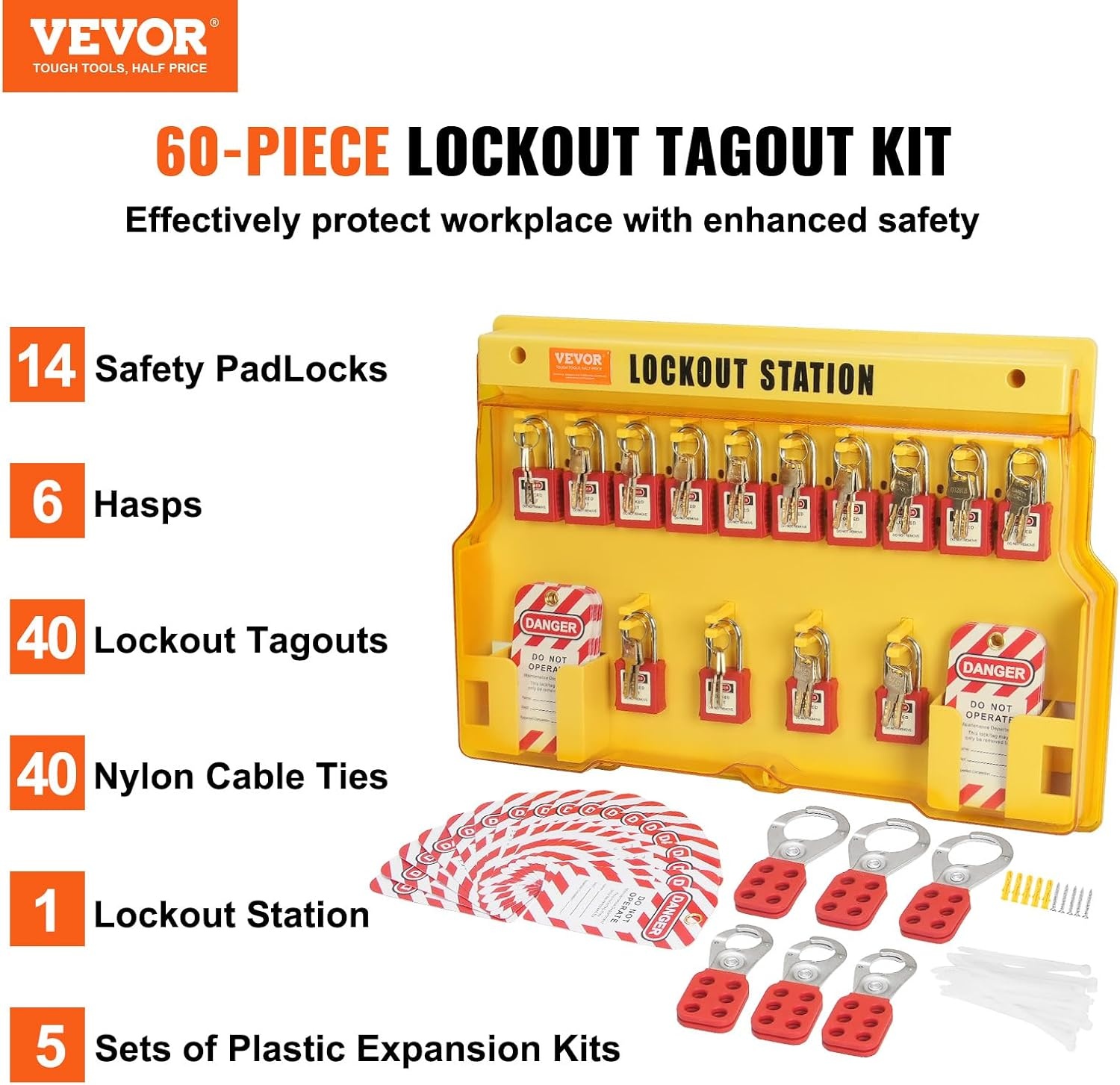 image:imageVEVOR 60pcs Lockout Tagout Kit 14 Padlocks 3 Hasps 40 Tags 40 Ties 5 Expansion Kits Lockout Station Board Metallic Industrial amp Electrical Safety60pcs Set