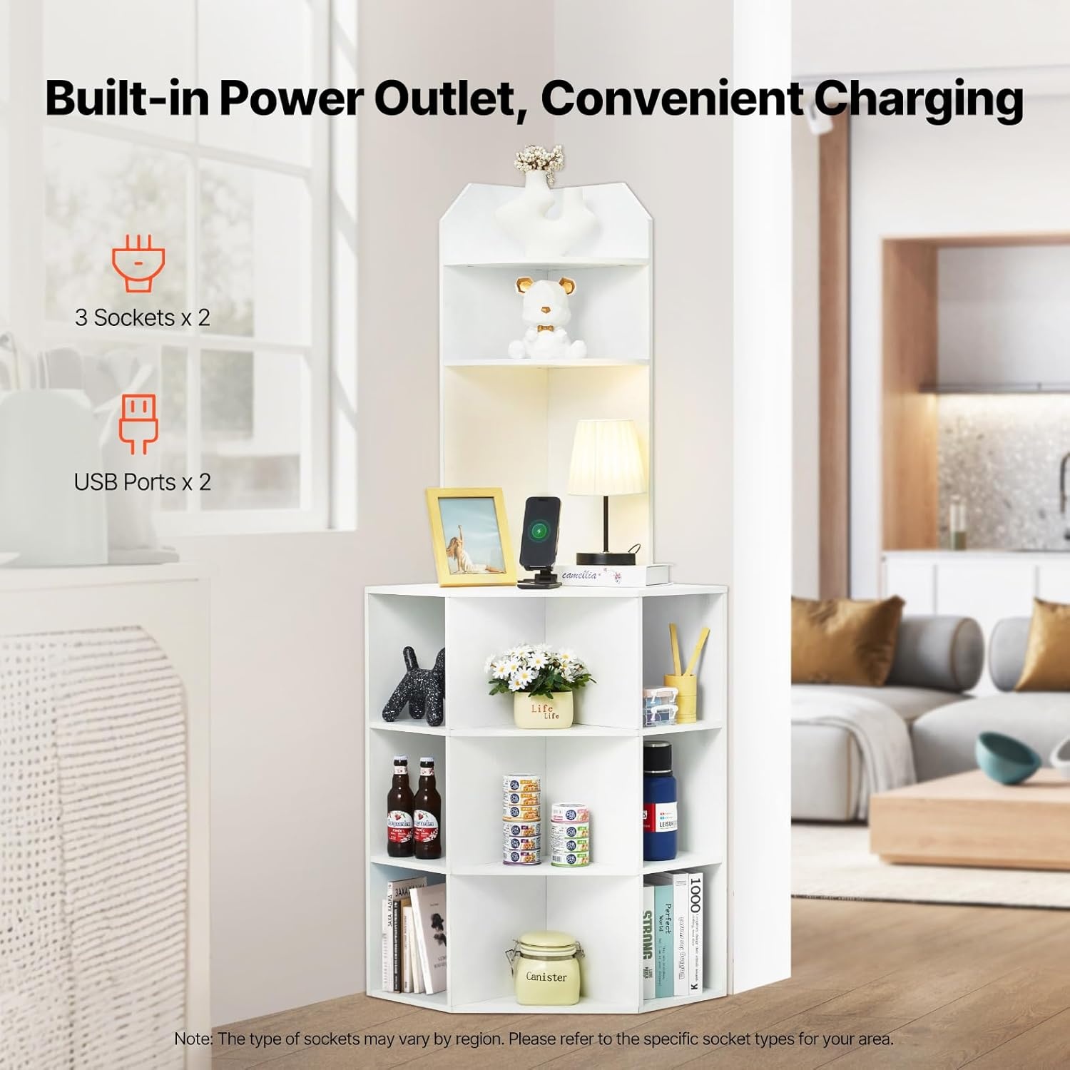 image:imageVEVOR 68 Tall Corner Storage Cabinet 6 Tiers Farmhouse Storage Cabinet with 4 Wooden Doors amp Adjustable Shelves Freestanding Corner Kitchen Cabinet for Living Room Kitchen Laundry Room WhiteT2
