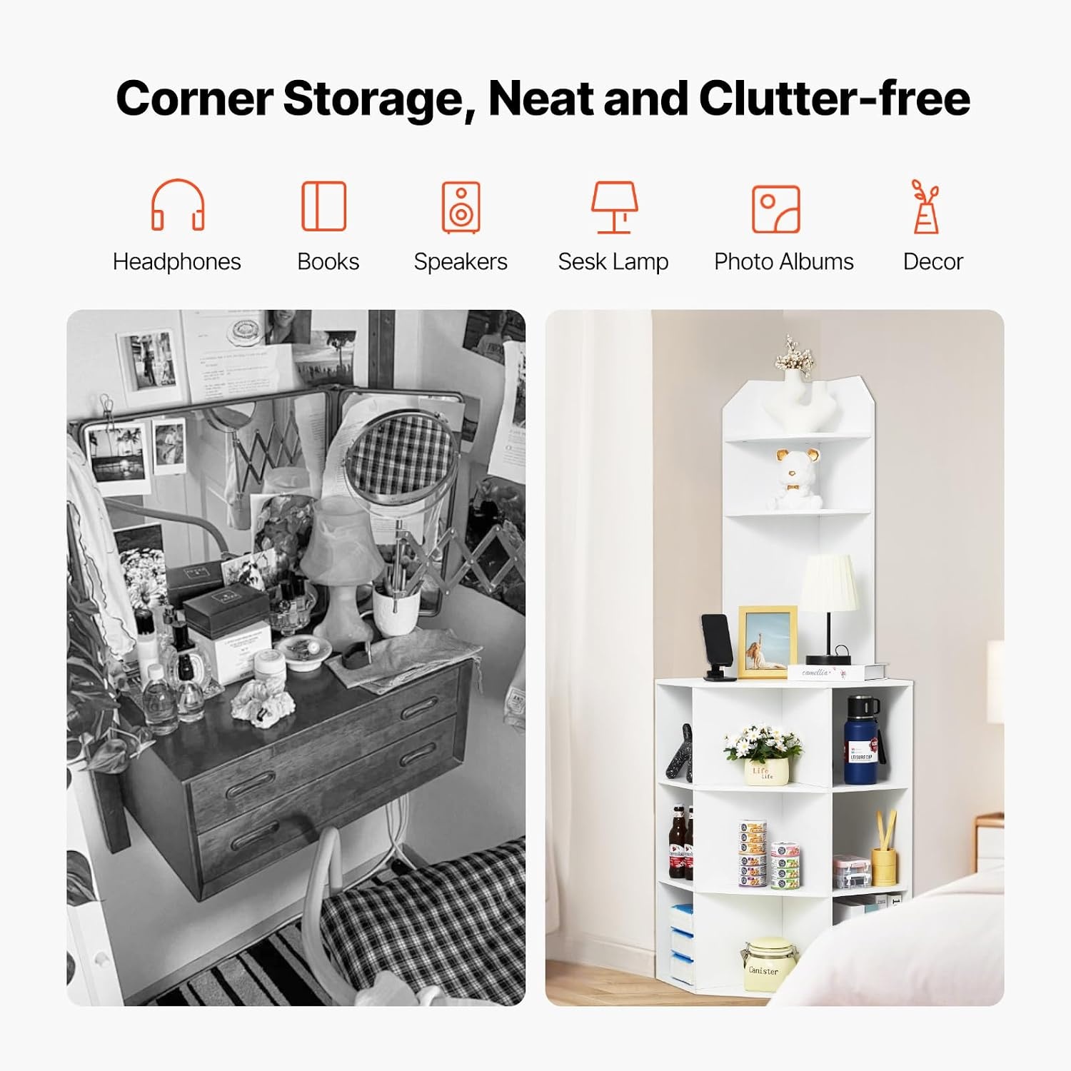 image:imageVEVOR 68 Tall Corner Storage Cabinet 6 Tiers Farmhouse Storage Cabinet with 4 Wooden Doors amp Adjustable Shelves Freestanding Corner Kitchen Cabinet for Living Room Kitchen Laundry Room WhiteT2