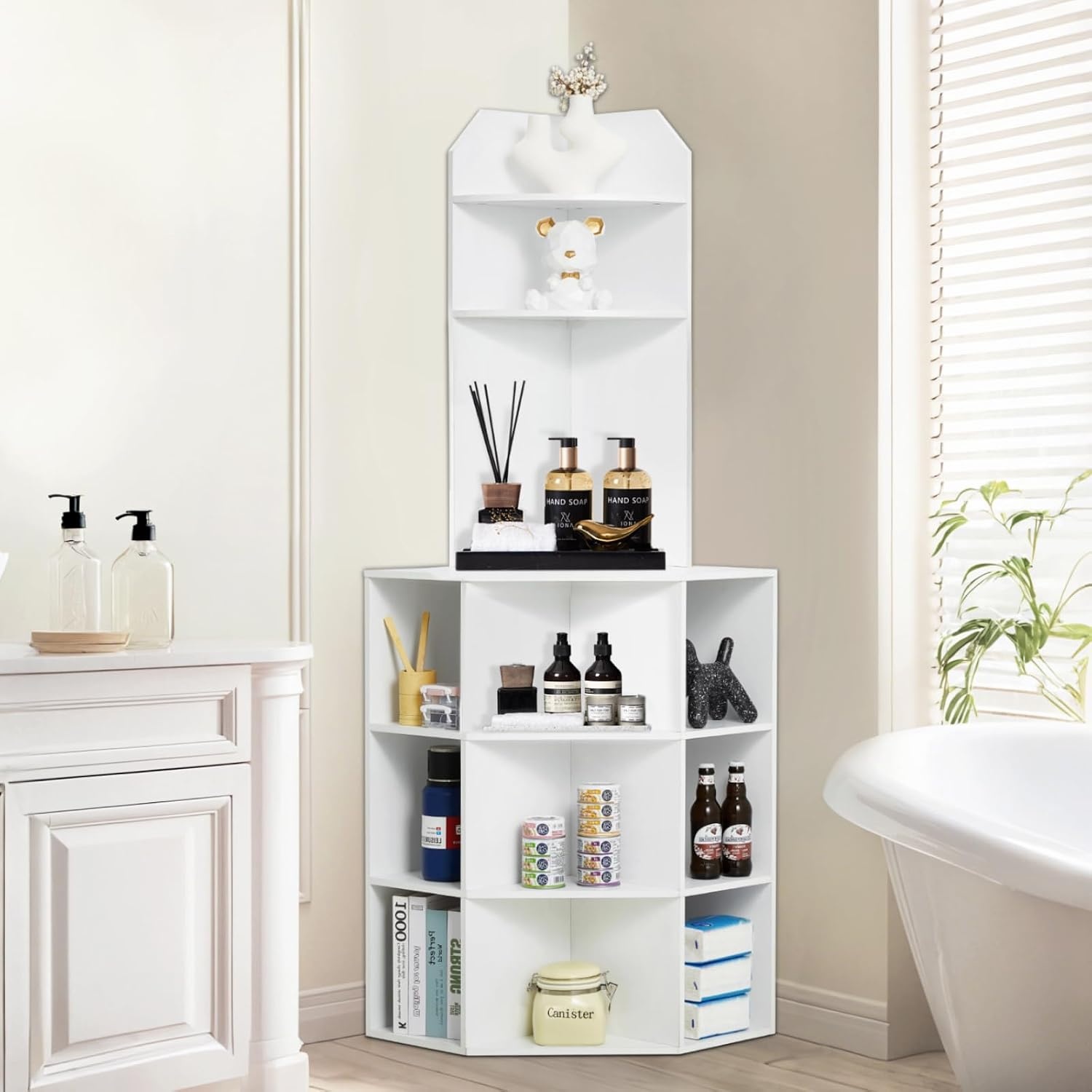 image:imageVEVOR 68 Tall Corner Storage Cabinet 6 Tiers Farmhouse Storage Cabinet with 4 Wooden Doors amp Adjustable Shelves Freestanding Corner Kitchen Cabinet for Living Room Kitchen Laundry Room WhiteT2