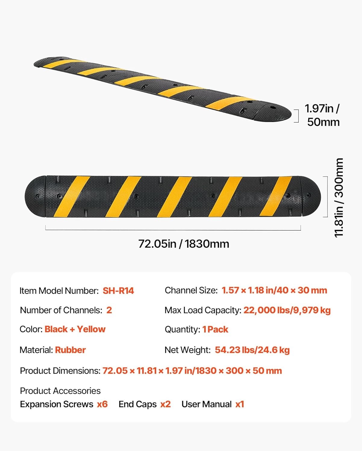 image:imageVEVOR 6FT Rubber Driveway Speed Bumps for Road2PCS Heavy Duty 2 Channel Modular Traffic Speed Humps 22000 lbsAxle Load Capacity 72 Cable Protector Ramp with Screws for Asphalt Concrete Gravel1 Pack6FT
