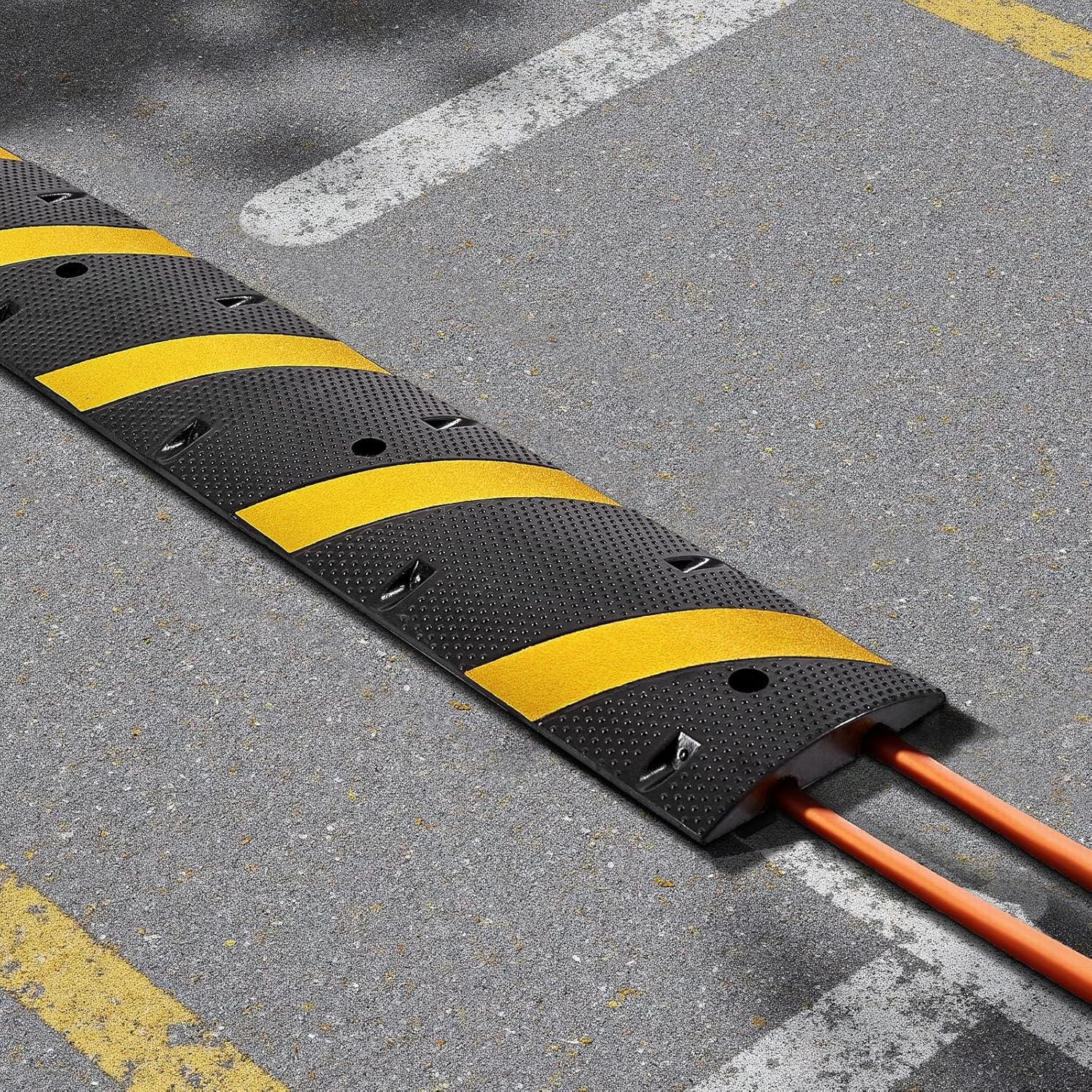image:imageVEVOR 6FT Rubber Driveway Speed Bumps for Road2PCS Heavy Duty 2 Channel Modular Traffic Speed Humps 22000 lbsAxle Load Capacity 72 Cable Protector Ramp with Screws for Asphalt Concrete Gravel1 Pack6FT