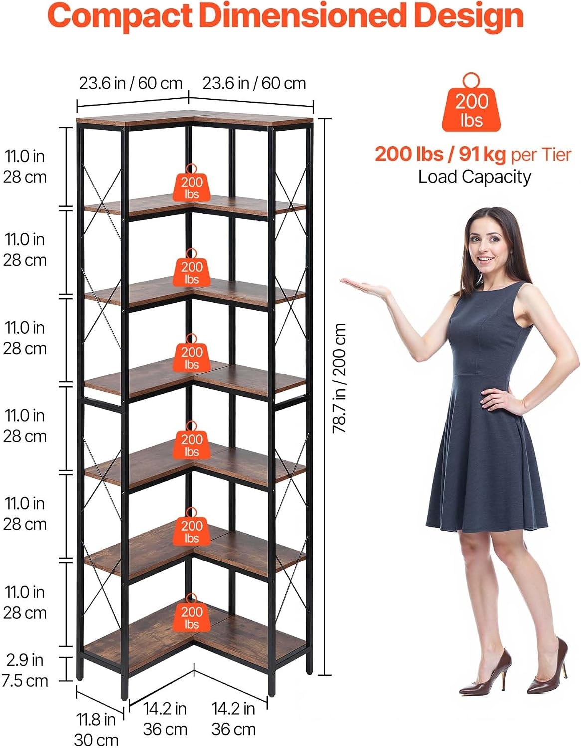 image:imageVEVOR 7 Tier Corner Bookshelf 79 Tall Corner Bookcase with Heavy Duty Metal Frame amp Wooden Shelves Industrial Reversible L Shaped Corner Display Shelf for Bedroom Living Room Office7 Tier