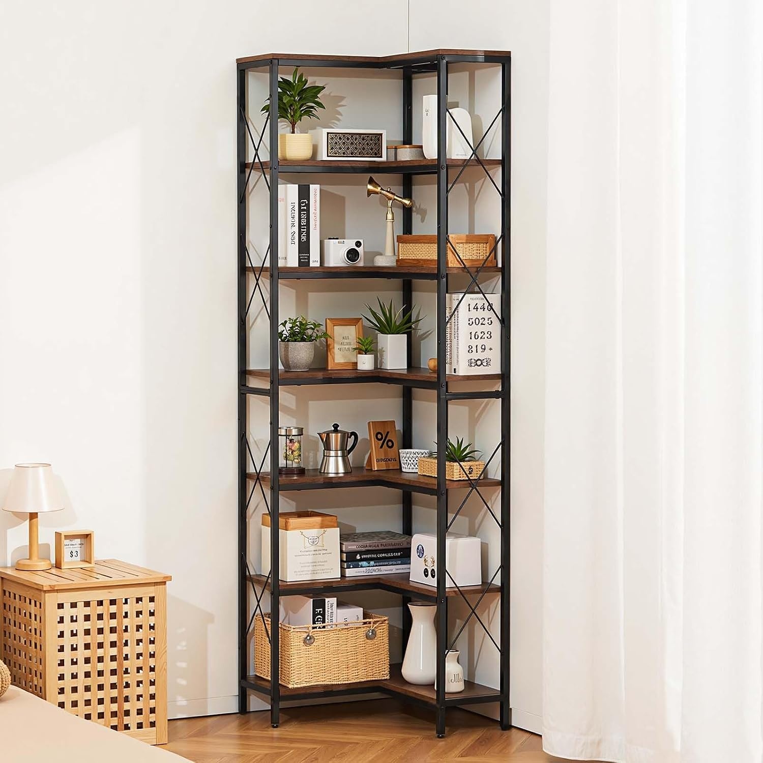 image:imageVEVOR 7 Tier Corner Bookshelf 79 Tall Corner Bookcase with Heavy Duty Metal Frame amp Wooden Shelves Industrial Reversible L Shaped Corner Display Shelf for Bedroom Living Room Office7 Tier